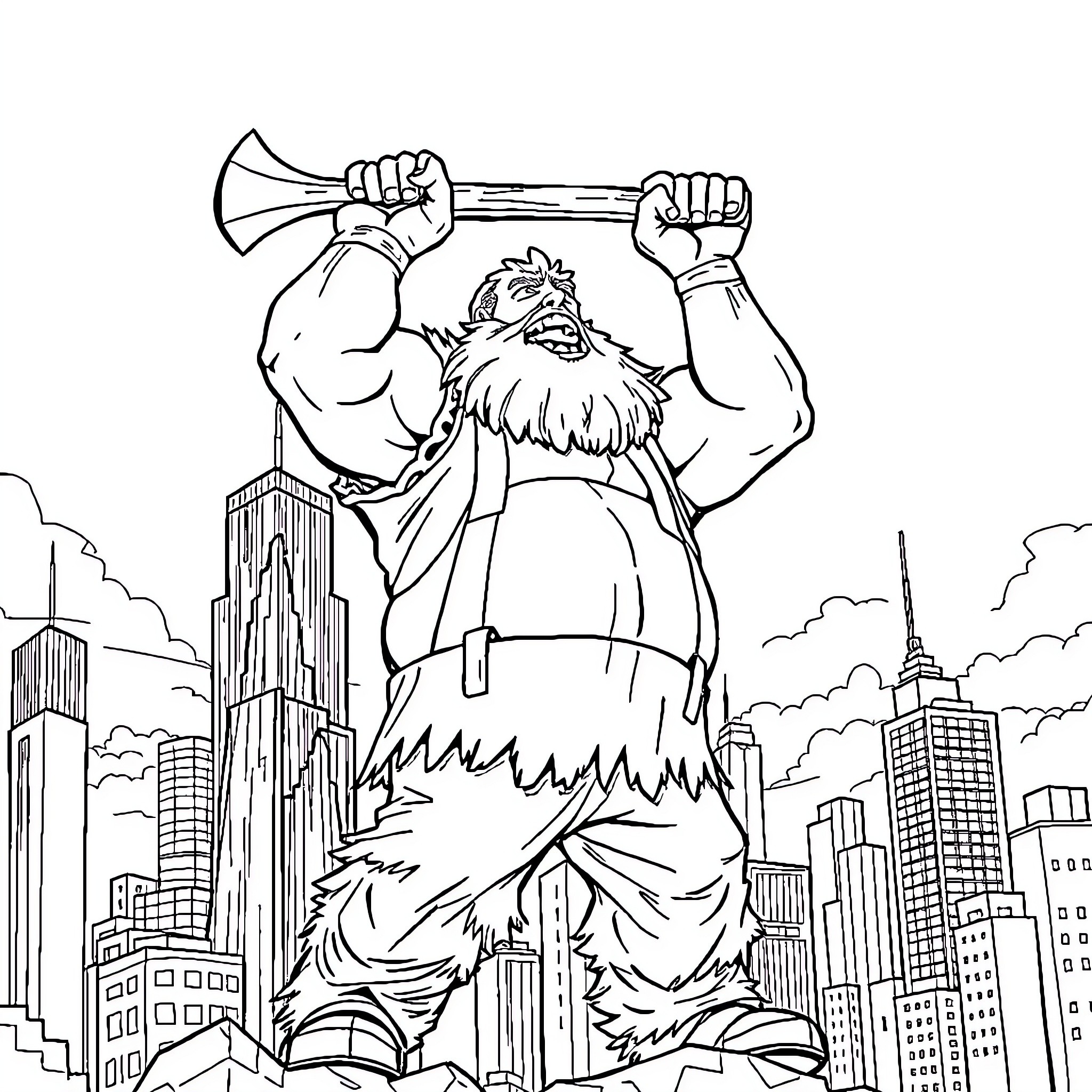 Paul Bunyan Wielding Legendary Axe in Cityscape Coloring Page (free black-and-white line drawing printable PDF for all, from beginners to advanced learners, including children, teens, adults, and seniors)