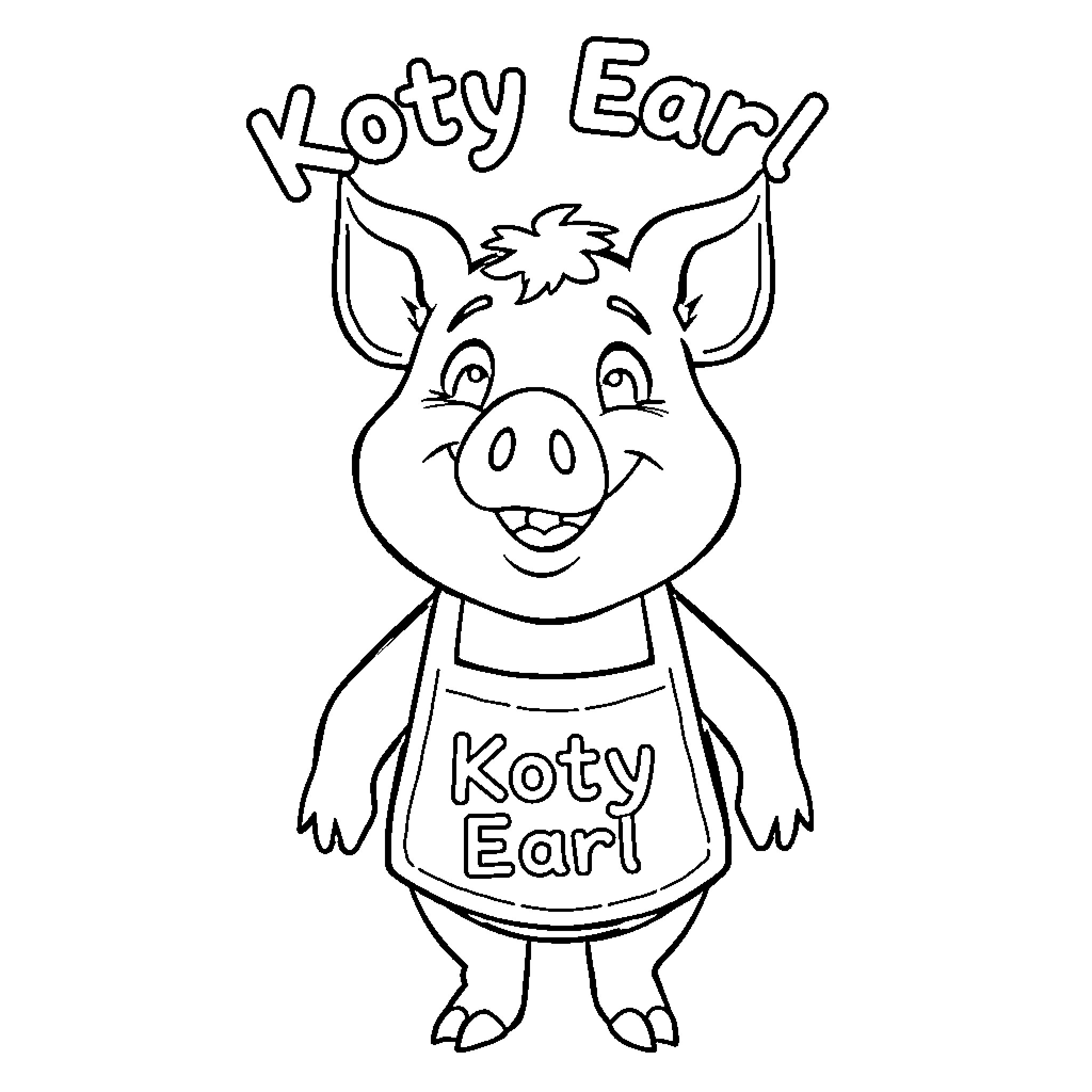 Pig with Koty Earl text and happy expression Coloring Page (free black-and-white line drawing printable PDF for all, from beginners to advanced learners, including children, teens, adults, and seniors)