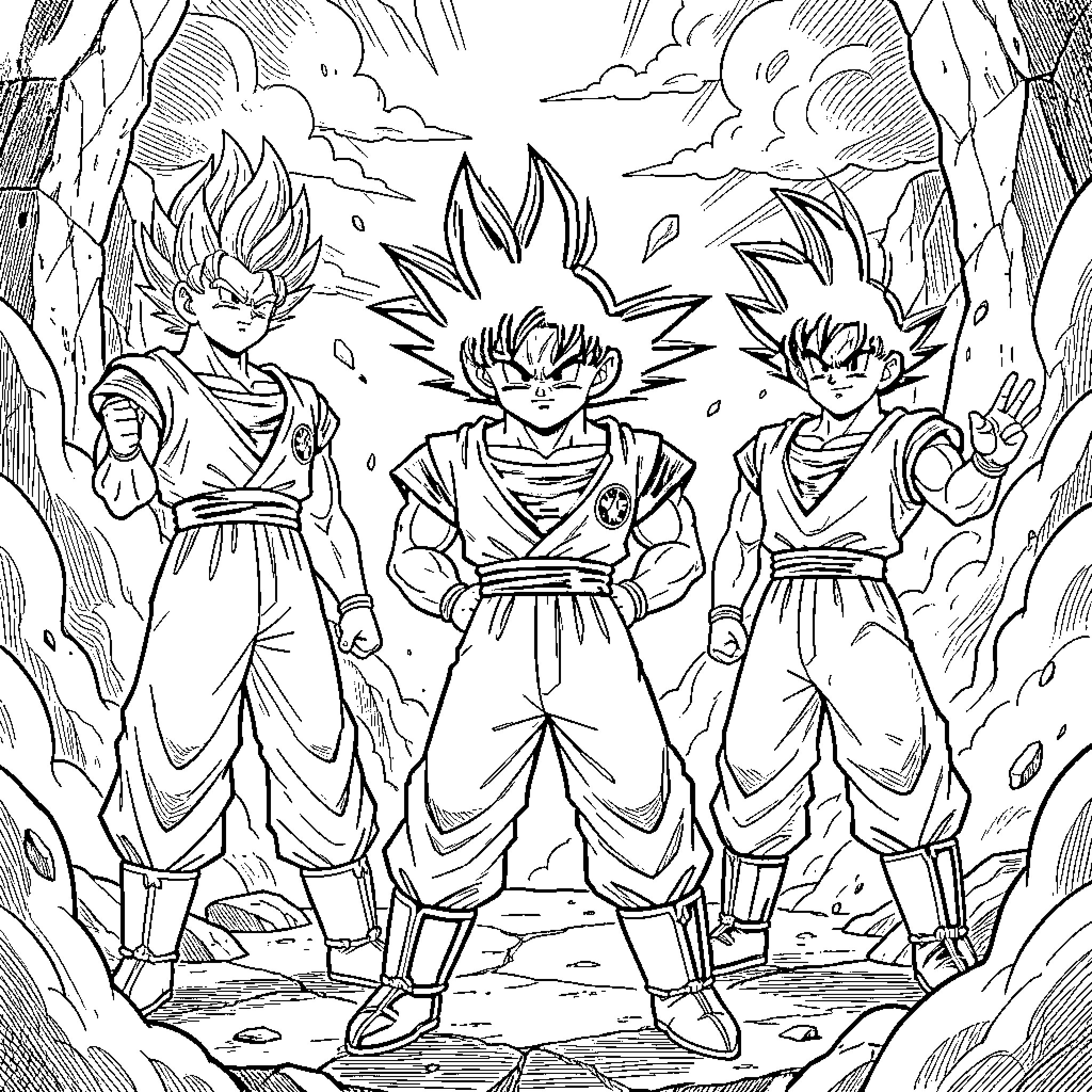 Dragon Ball characters standing confidently in a rocky cave Coloring Page (free black-and-white line drawing printable PDF for all, from beginners to advanced learners, including children, teens, adults, and seniors)