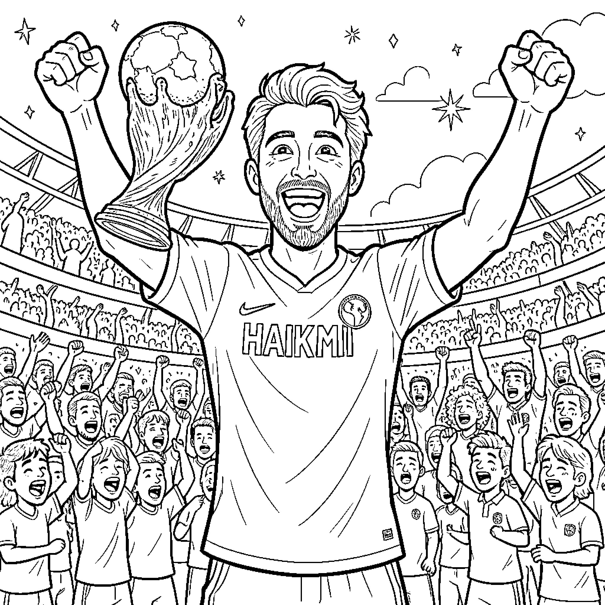 Hakimi celebrating a victory while holding a trophy Coloring Page (free black-and-white line drawing printable PDF for all, from beginners to advanced learners, including children, teens, adults, and seniors)