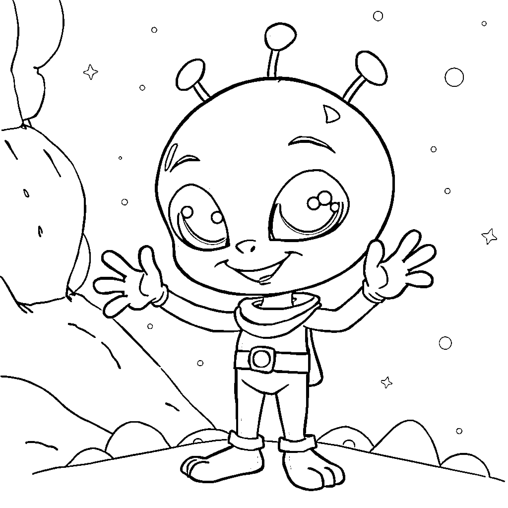 Poco Yo Marciano playing happily in an alien world Coloring Page (free black-and-white line drawing printable PDF for all, from beginners to advanced learners, including children, teens, adults, and seniors)