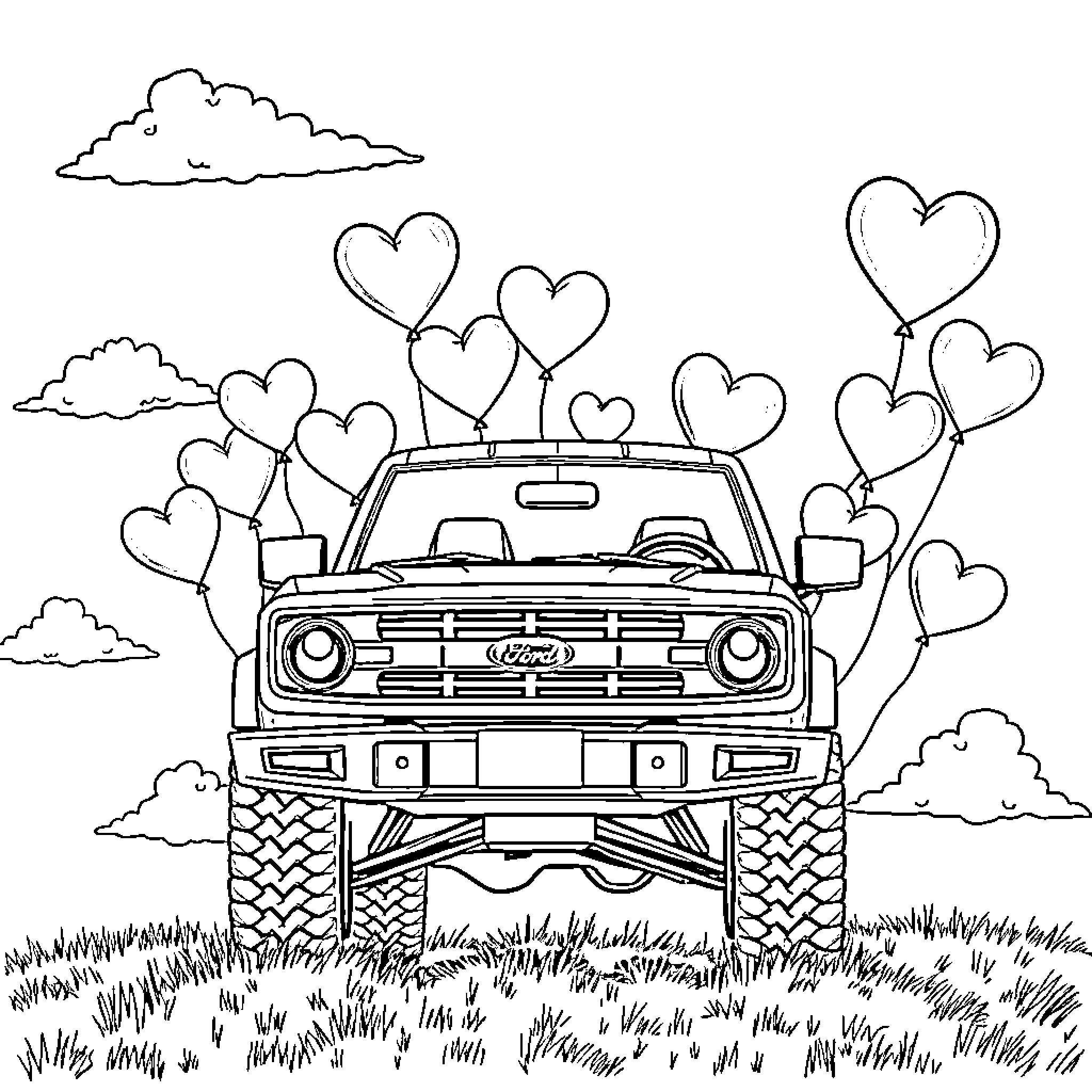 Ford Bronco surrounded by heart-shaped balloons in a field Coloring Page (free black-and-white line drawing printable PDF for all, from beginners to advanced learners, including children, teens, adults, and seniors)