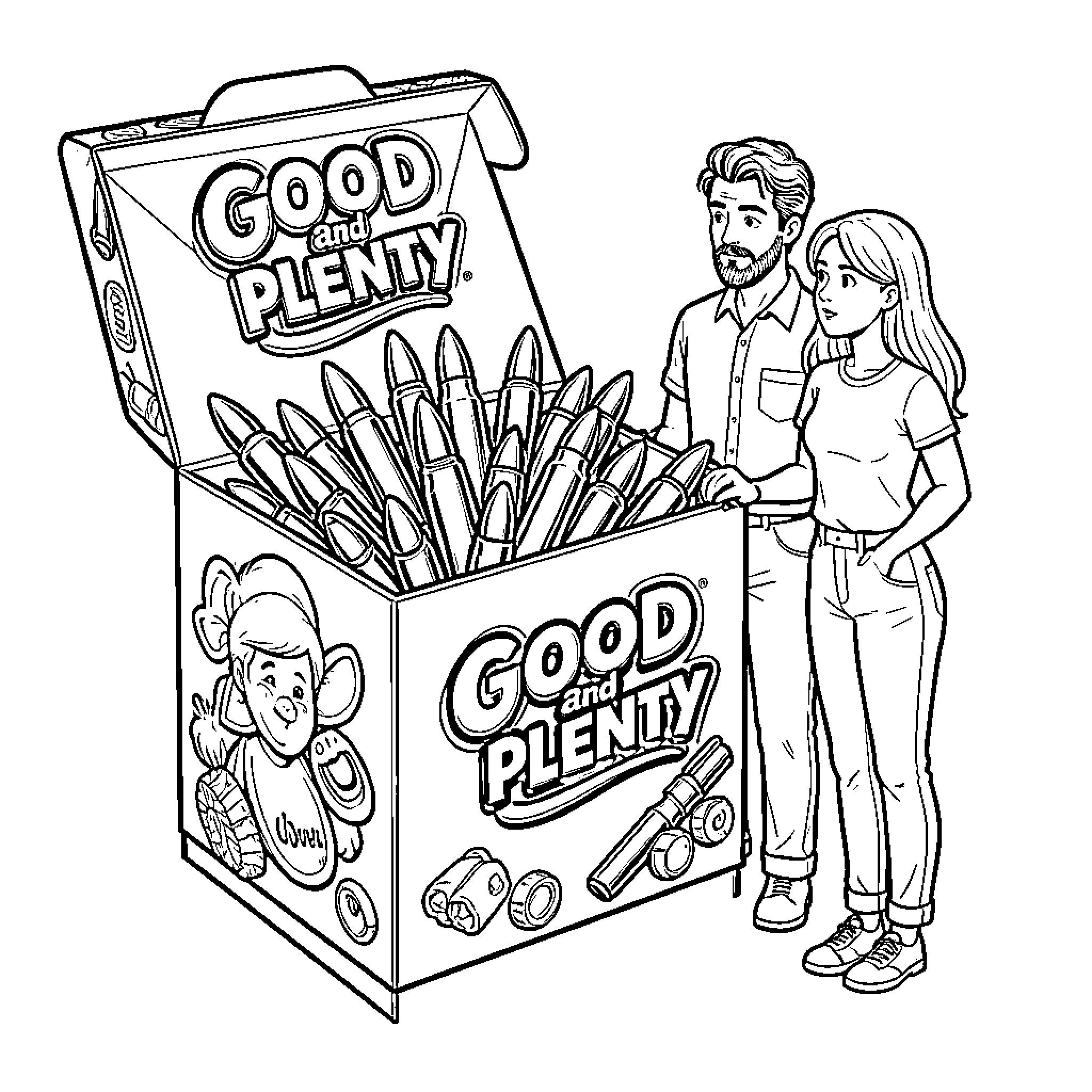 Candy and Plenty: Friends Discover Fun Box Coloring Page (free black-and-white line drawing printable PDF for all, from beginners to advanced learners, including children, teens, adults, and seniors)