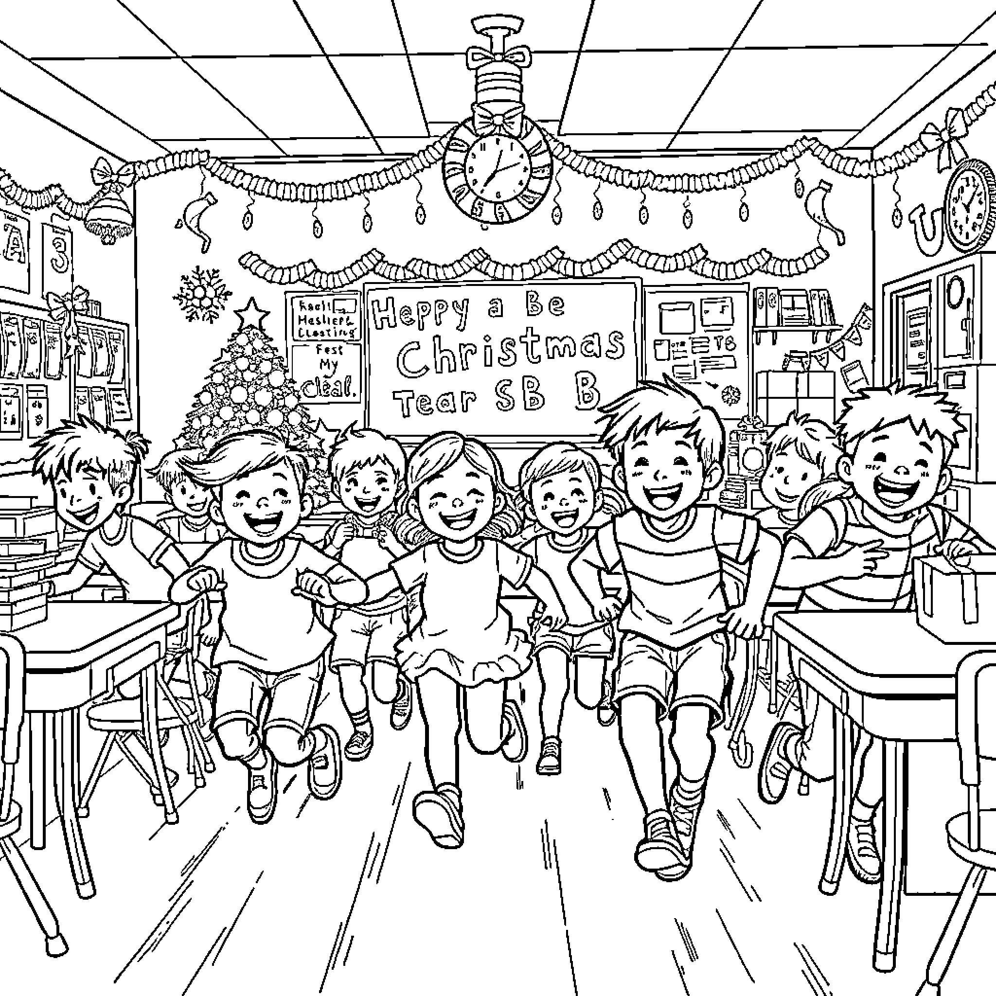 Kids celebrating Christmas in a classroom Coloring Page (free black-and-white line drawing printable PDF for all, from beginners to advanced learners, including children, teens, adults, and seniors)