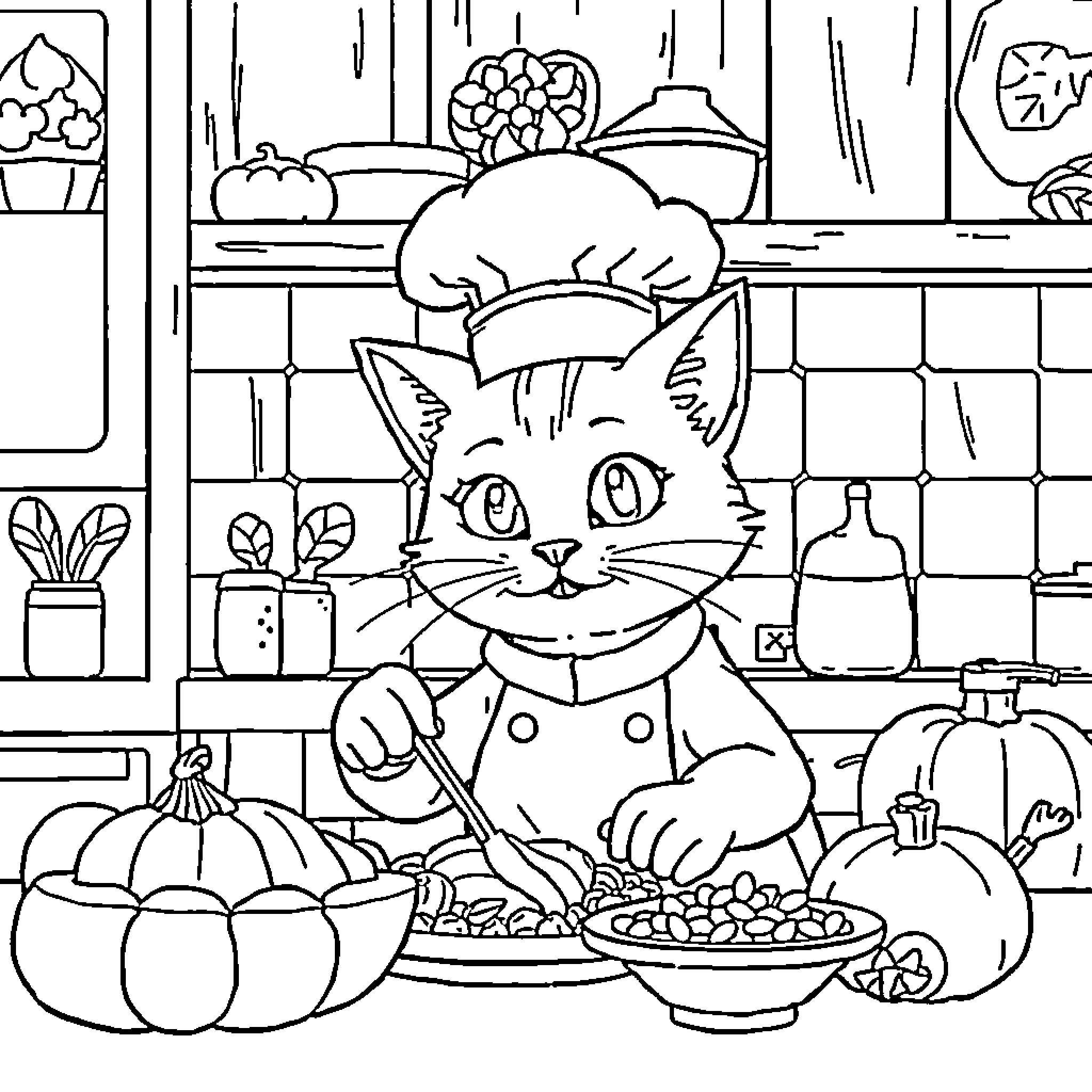 Cat Chef Cooking in Kitchen Coloring Page (free black-and-white line drawing printable PDF for all, from beginners to advanced learners, including children, teens, adults, and seniors)