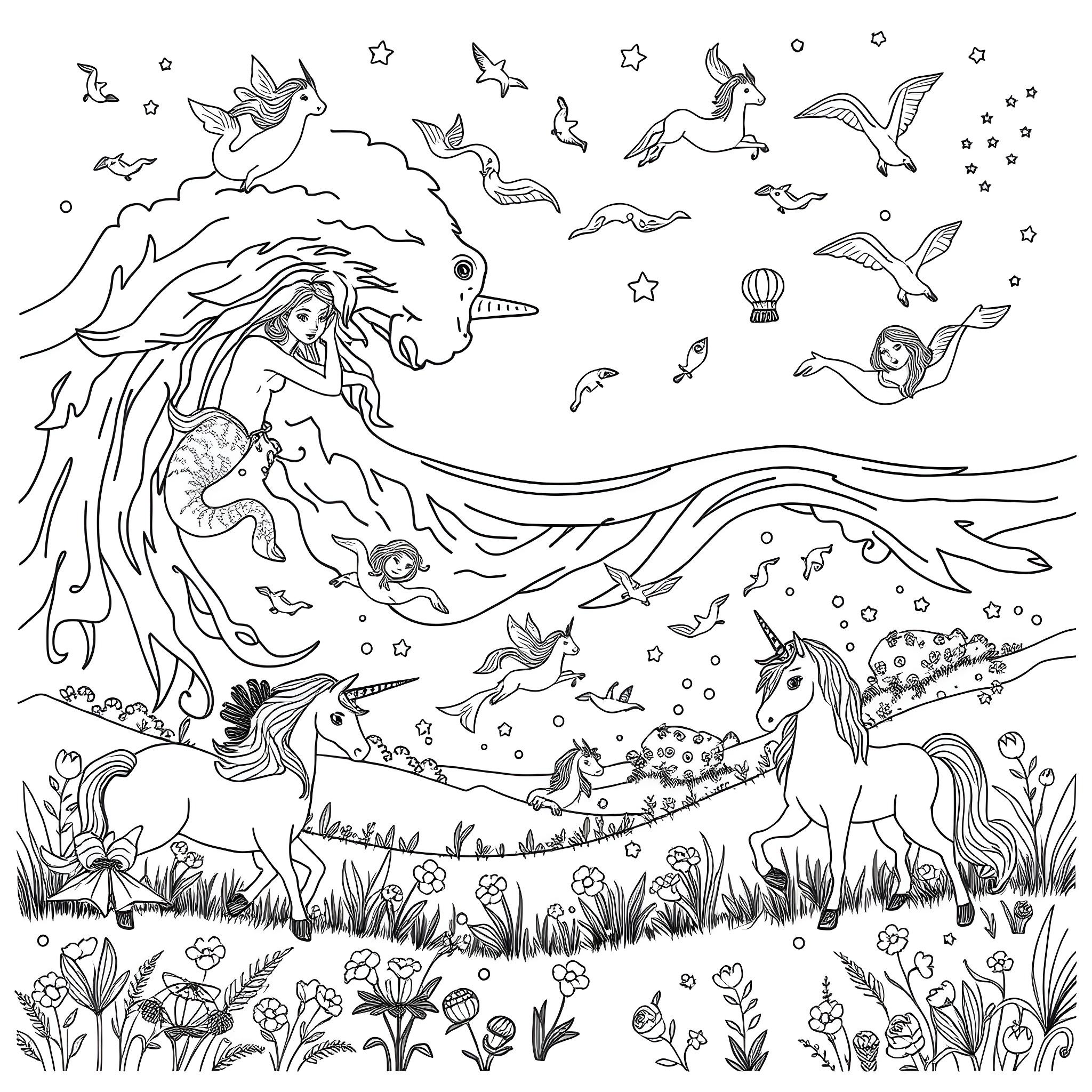 Mermaid swimming with magical unicorns and mythical creatures Coloring Page (free black-and-white line drawing printable PDF for all, from beginners to advanced learners, including children, teens, adults, and seniors)