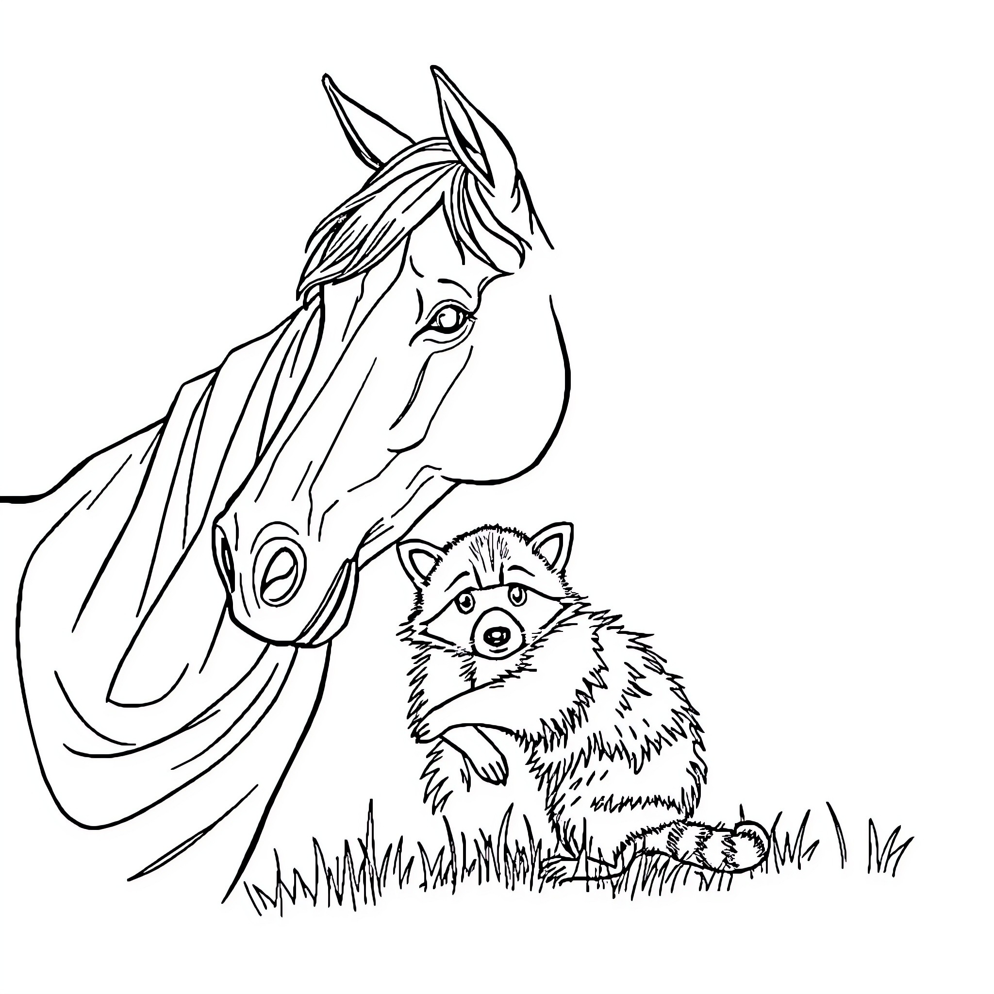 Horse and Raccoon in Meadow Coloring Page (free black-and-white line drawing printable PDF for all, from beginners to advanced learners, including children, teens, adults, and seniors)