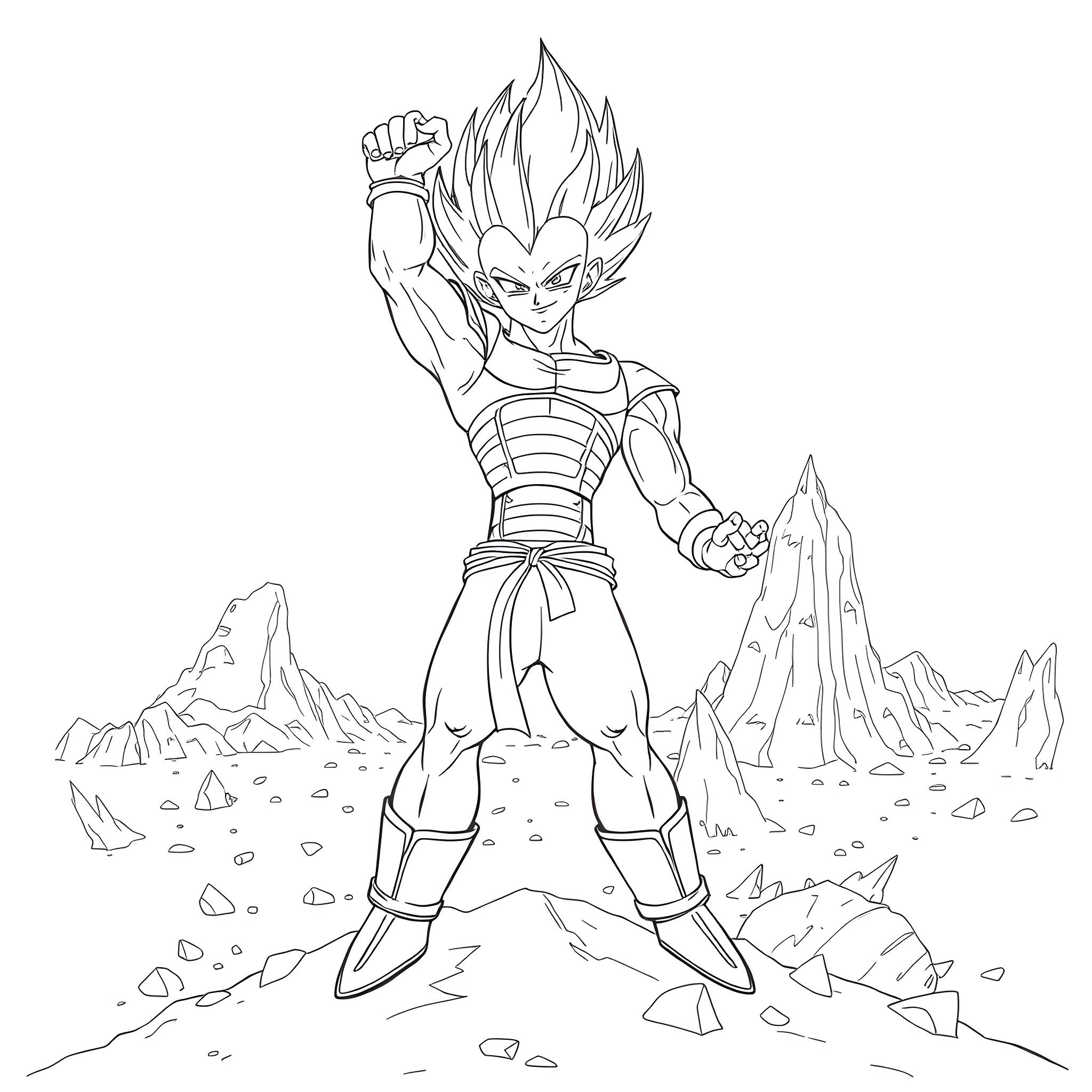 Vegeta powering up in the rocky landscape Coloring Page (free black-and-white line drawing printable PDF for all, from beginners to advanced learners, including children, teens, adults, and seniors)