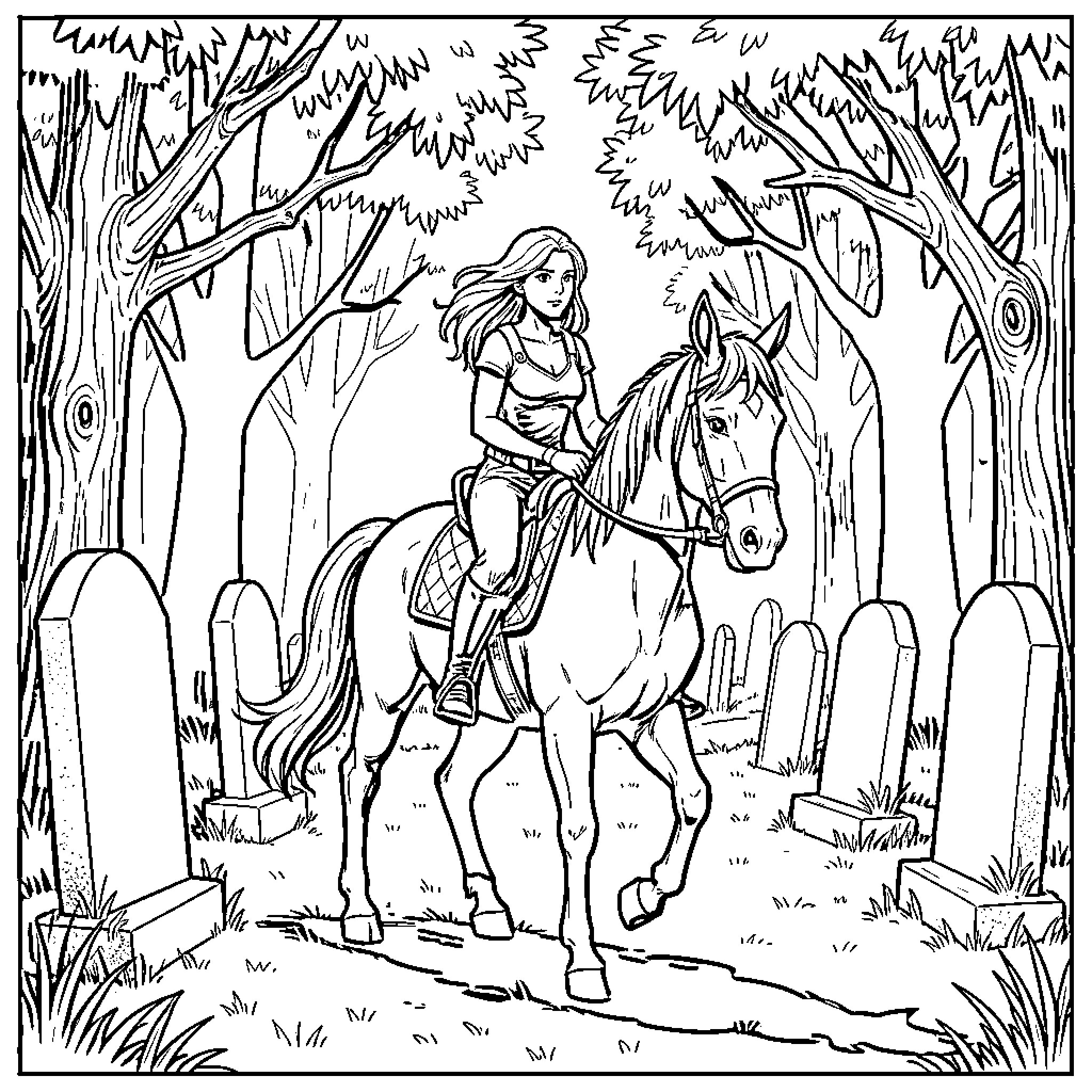 Buffy riding a horse through a spooky graveyard Coloring Page (free black-and-white line drawing printable PDF for all, from beginners to advanced learners, including children, teens, adults, and seniors)