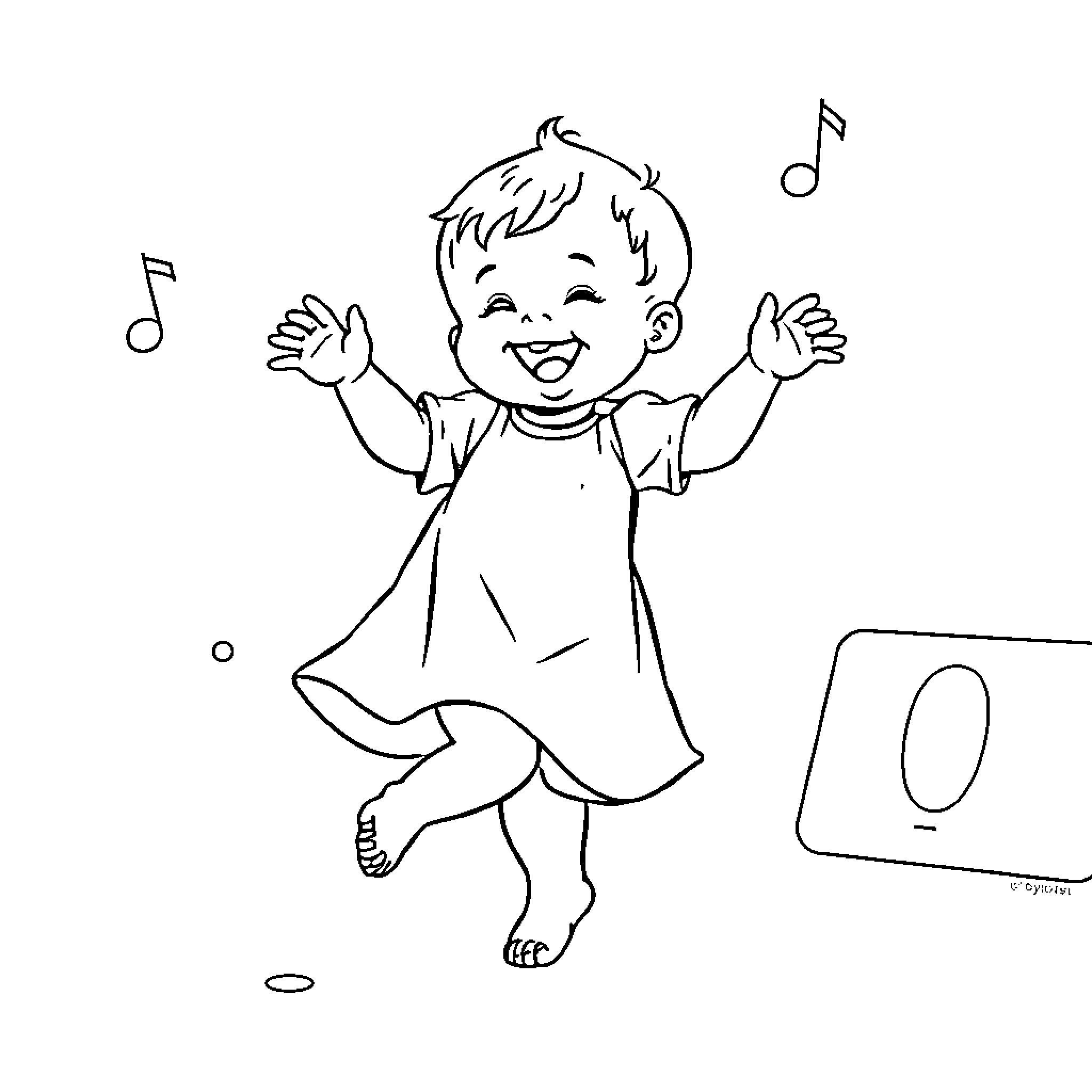 Baby happily dancing with musical notes Coloring Page (free black-and-white line drawing printable PDF for all, from beginners to advanced learners, including children, teens, adults, and seniors)