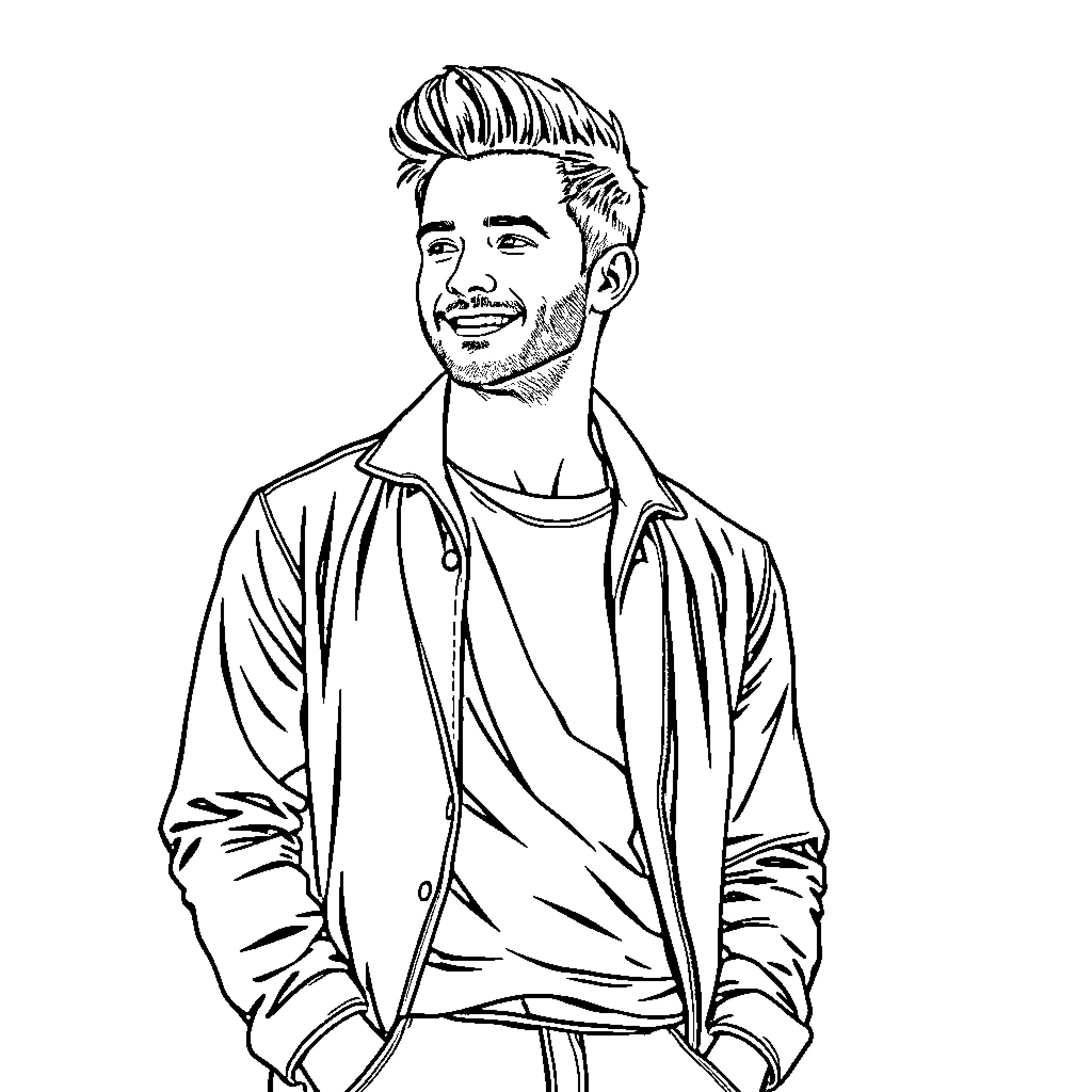 Liam Payne in casual attire with warm expression Coloring Page (free black-and-white line drawing printable PDF for all, from beginners to advanced learners, including children, teens, adults, and seniors)