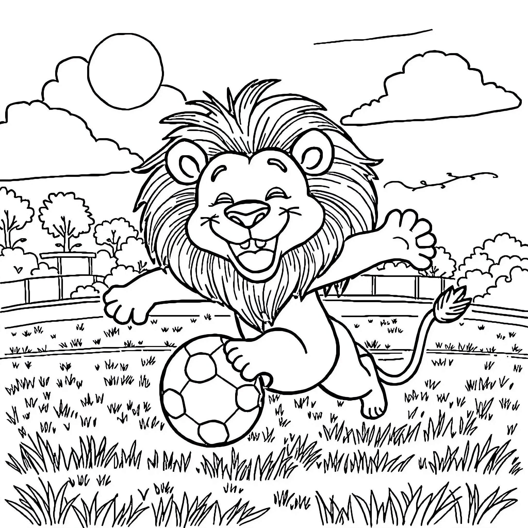 Lion playing joyfully with soccer ball in lush landscape Coloring Page (free black-and-white line drawing printable PDF for all, from beginners to advanced learners, including children, teens, adults, and seniors)