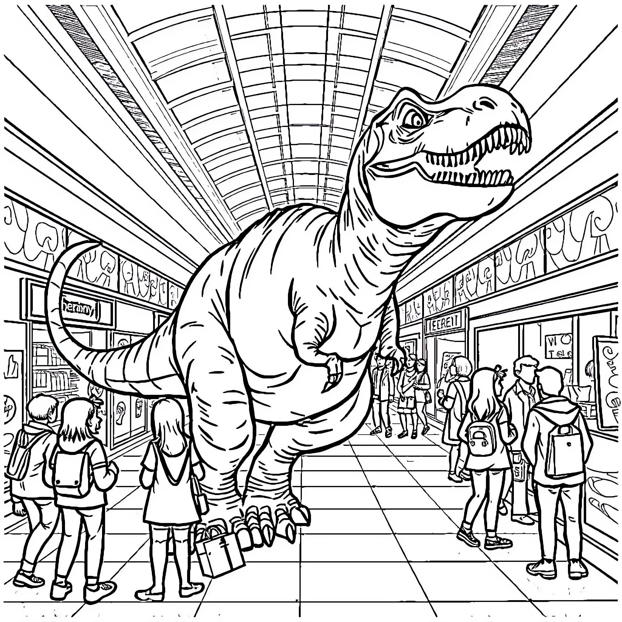 Dinosaur roams through a crowded museum Coloring Page (free black-and-white line drawing printable PDF for all, from beginners to advanced learners, including children, teens, adults, and seniors)