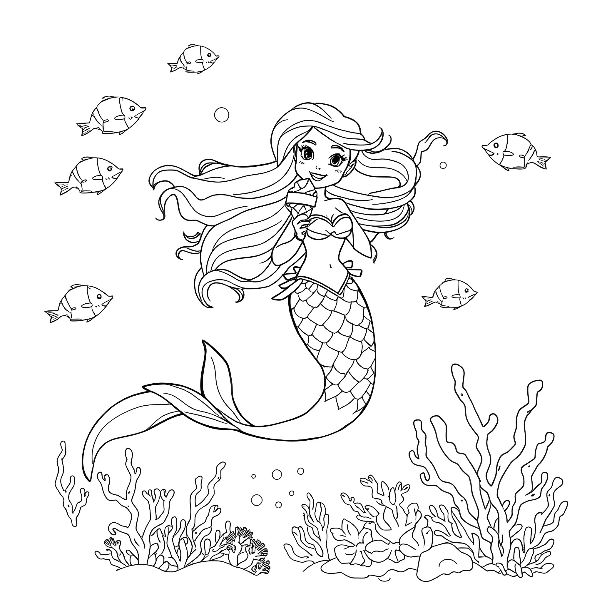Mermaid swimming gracefully with sea creatures Coloring Page (free black-and-white line drawing printable PDF for all, from beginners to advanced learners, including children, teens, adults, and seniors)