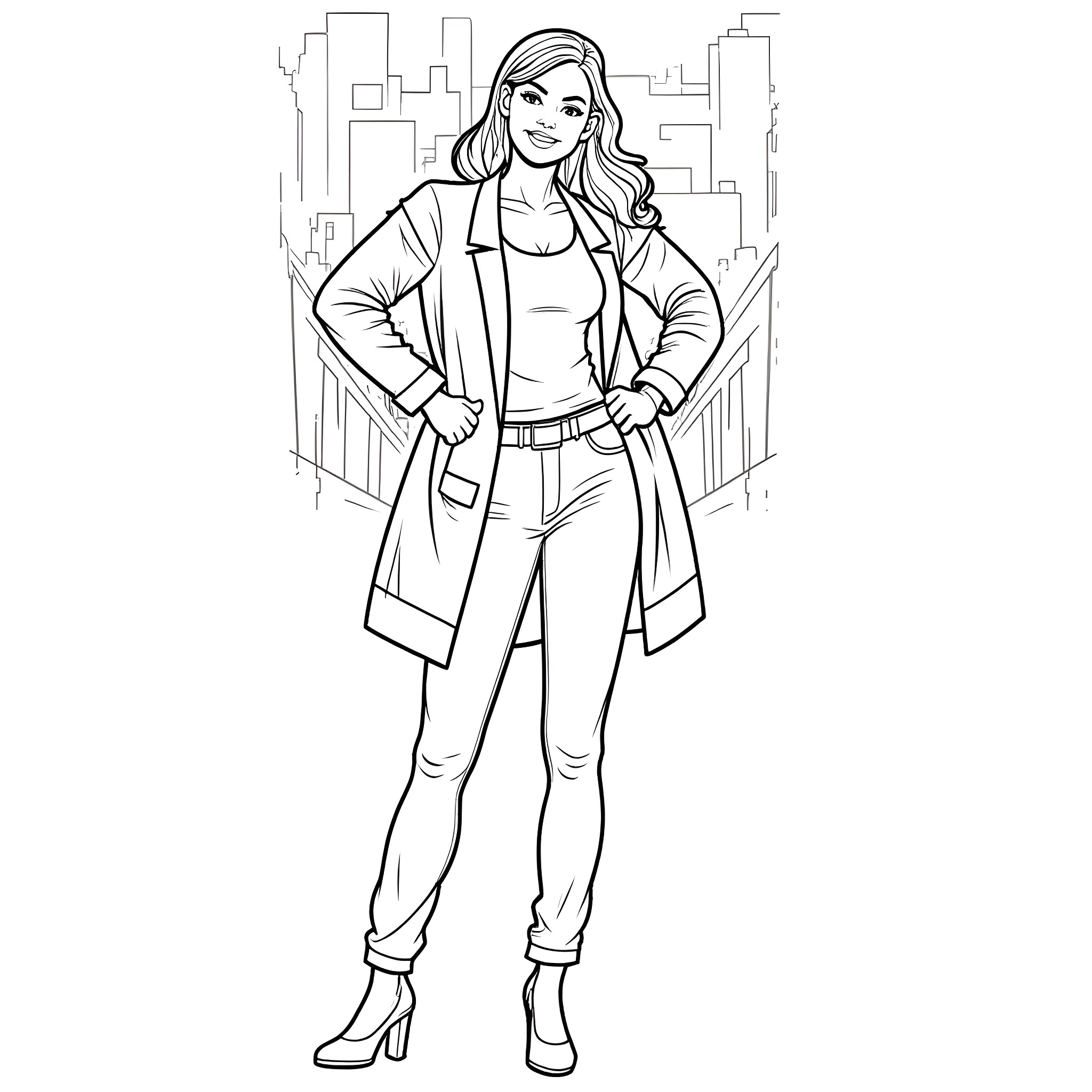 Panam Palmer posing confidently in the city Coloring Page (free black-and-white line drawing printable PDF for all, from beginners to advanced learners, including children, teens, adults, and seniors)