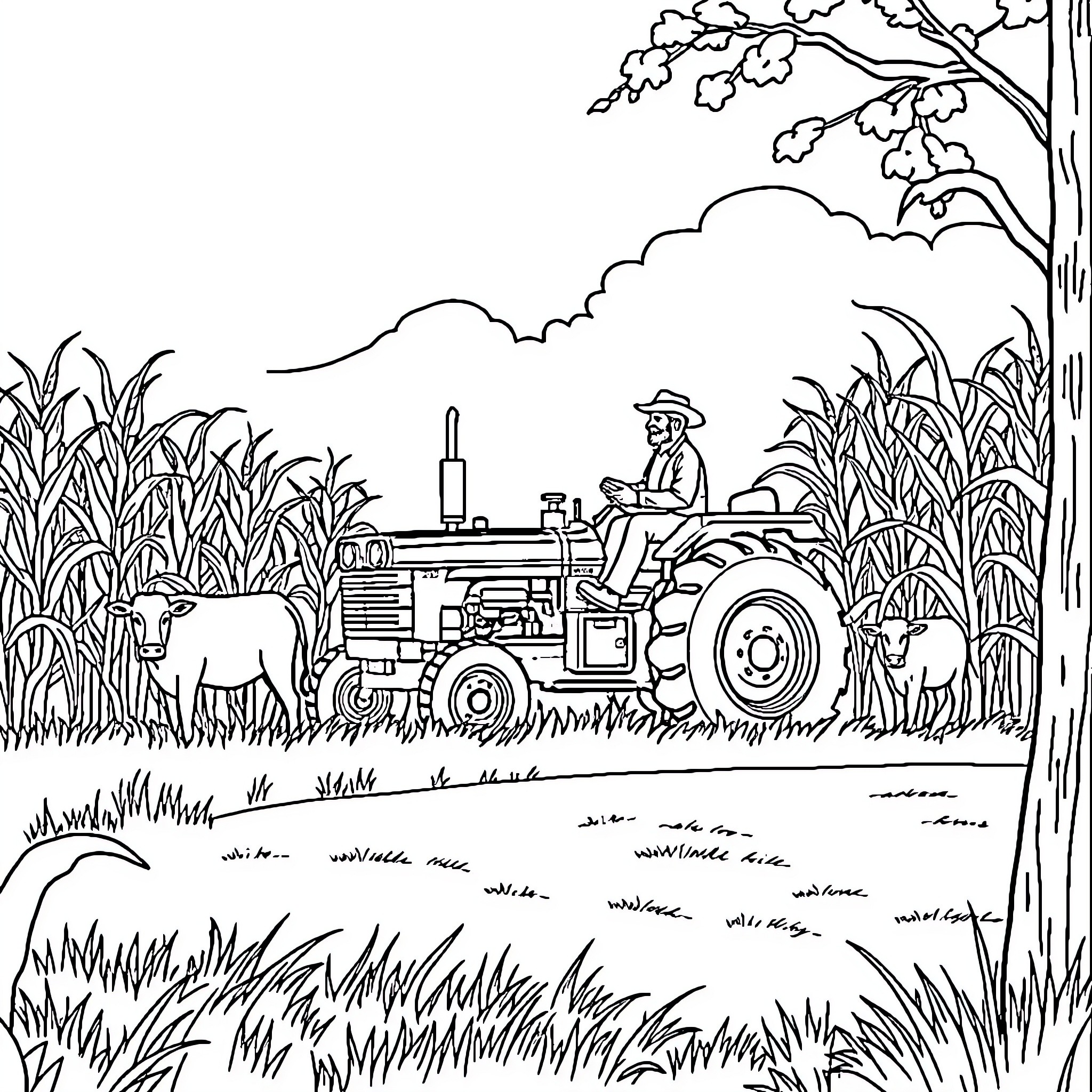 Farmer operating tractor in rural countryside Coloring Page (free black-and-white line drawing printable PDF for all, from beginners to advanced learners, including children, teens, adults, and seniors)