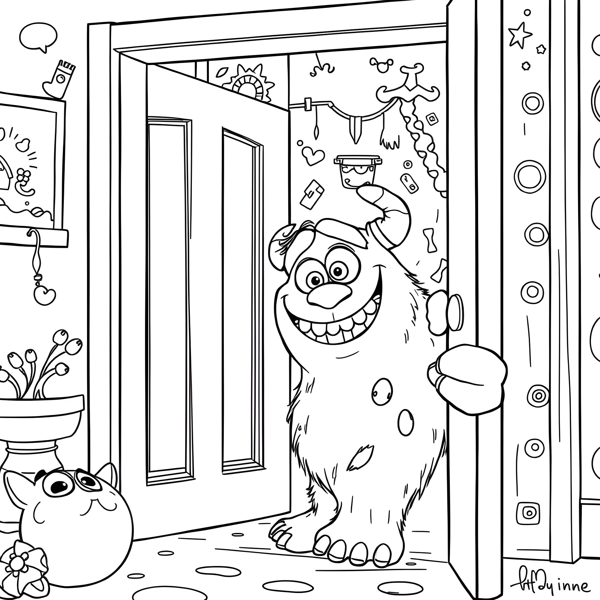 Sulley's Monstrous Mischief in the Doorway Coloring Page (free black-and-white line drawing printable PDF for all, from beginners to advanced learners, including children, teens, adults, and seniors)