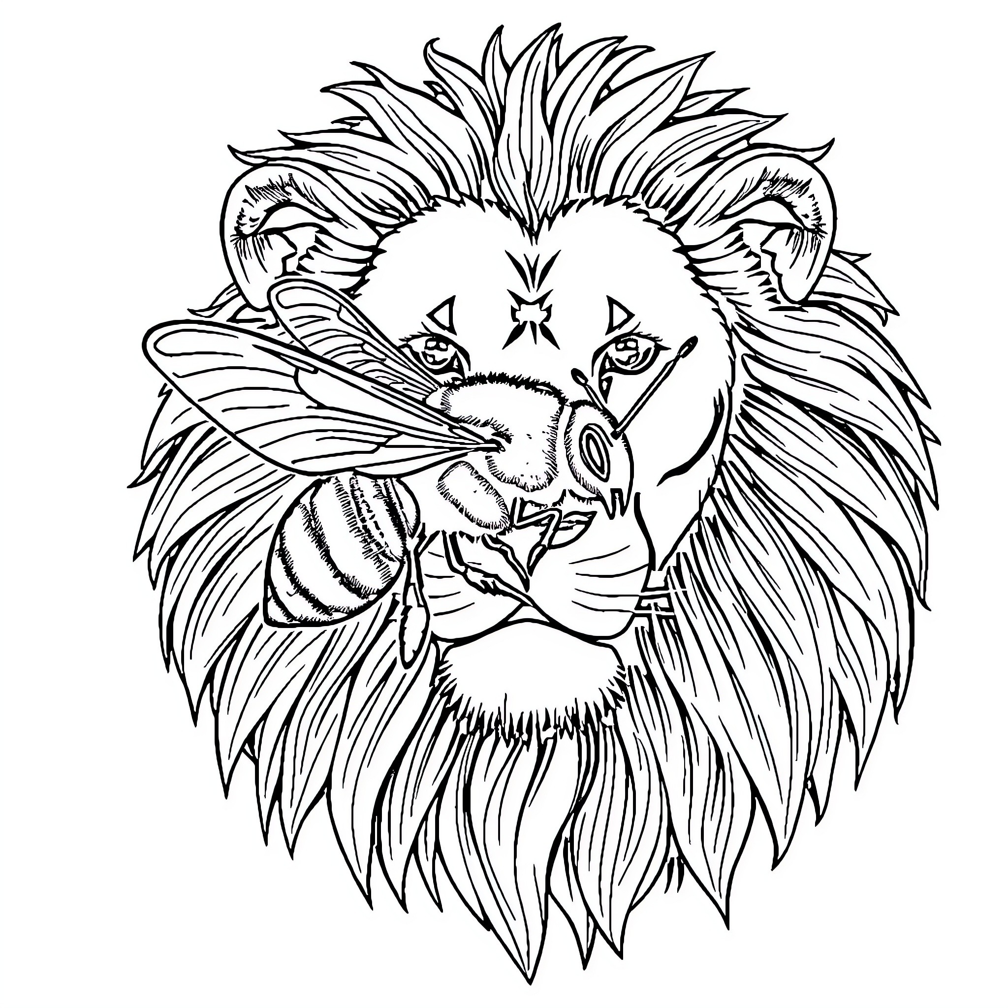 Bee-Inspired Lion with Intricate Floral Patterns Coloring Page (free black-and-white line drawing printable PDF for all, from beginners to advanced learners, including children, teens, adults, and seniors)