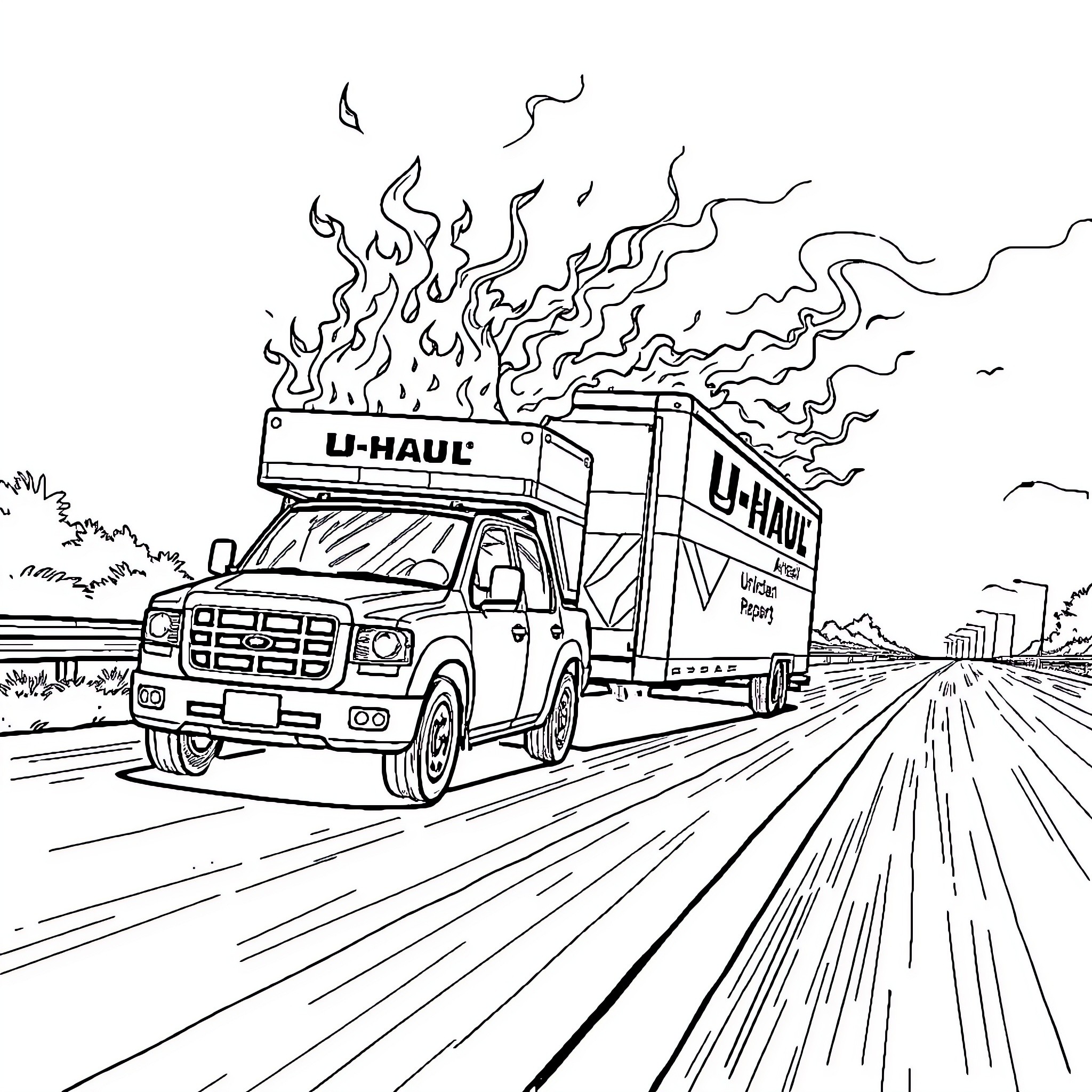 Car towing U-Haul trailer on highway Coloring Page (free black-and-white line drawing printable PDF for all, from beginners to advanced learners, including children, teens, adults, and seniors)