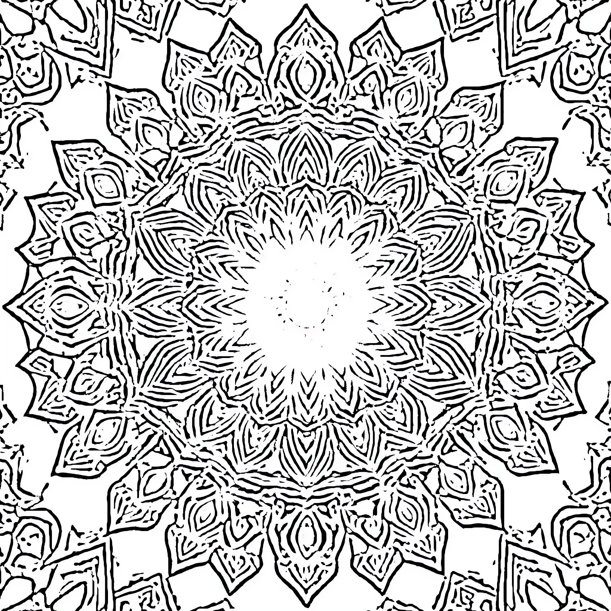 Mandala of intricate floral patterns Coloring Page (free black-and-white line drawing printable PDF for all, from beginners to advanced learners, including children, teens, adults, and seniors)