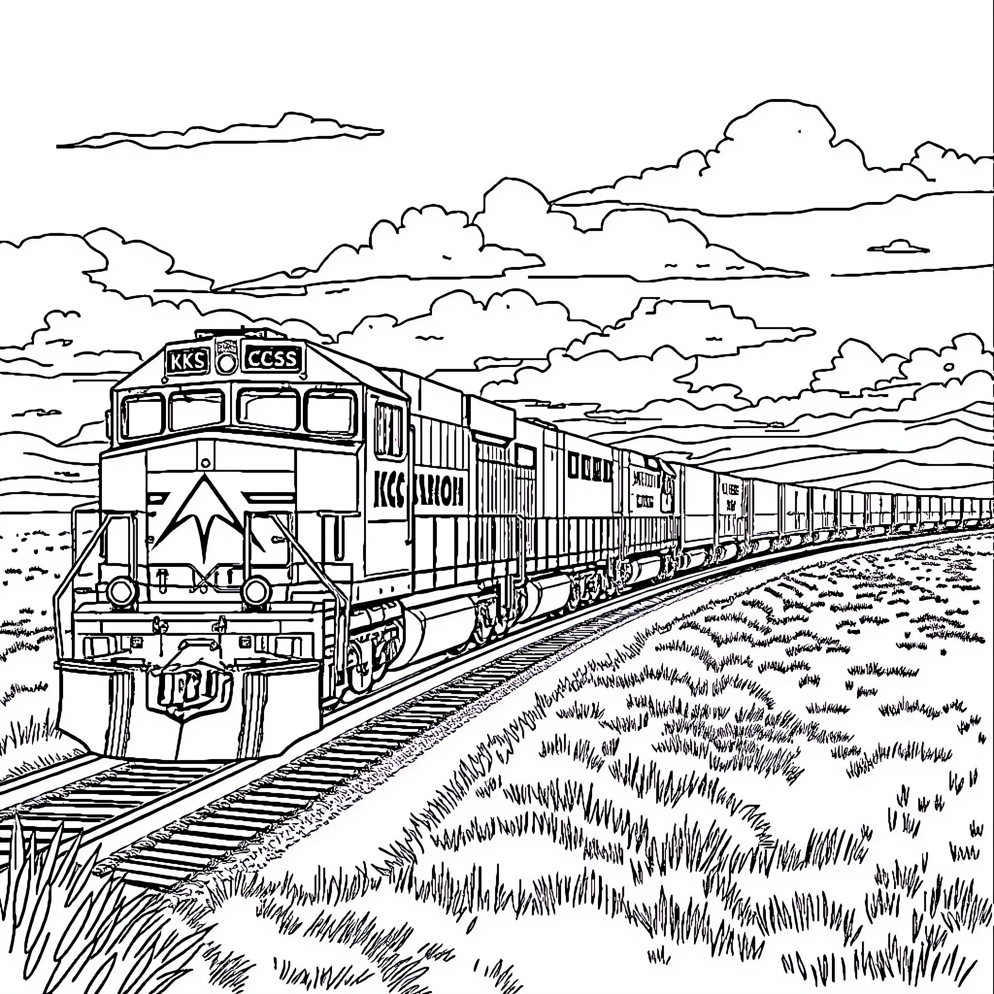 Freight Train Moving Swiftly Through Countryside Landscape Coloring Page (free black-and-white line drawing printable PDF for all, from beginners to advanced learners, including children, teens, adults, and seniors)