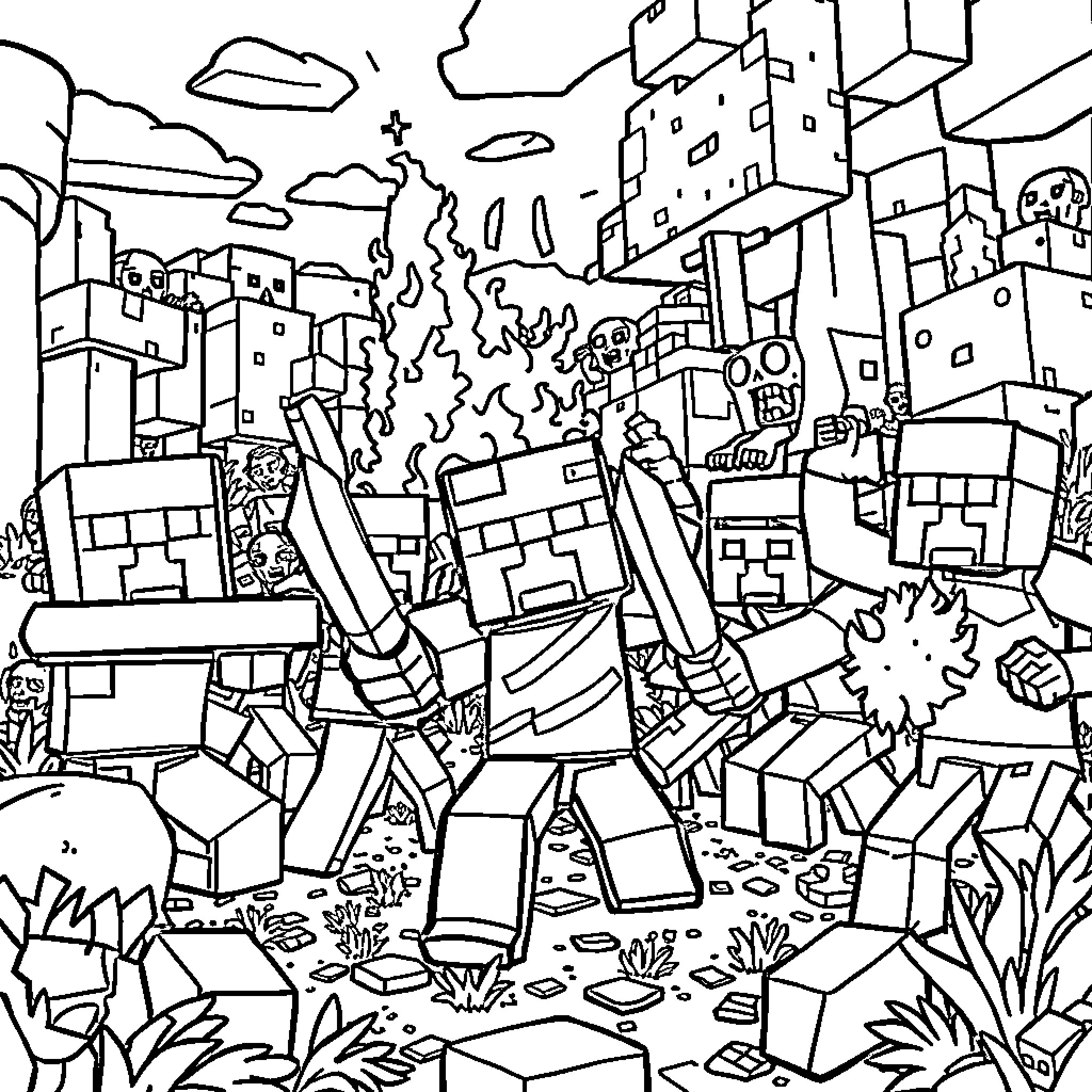 Minecraft characters exploring a dynamic landscape Coloring Page (free black-and-white line drawing printable PDF for all, from beginners to advanced learners, including children, teens, adults, and seniors)
