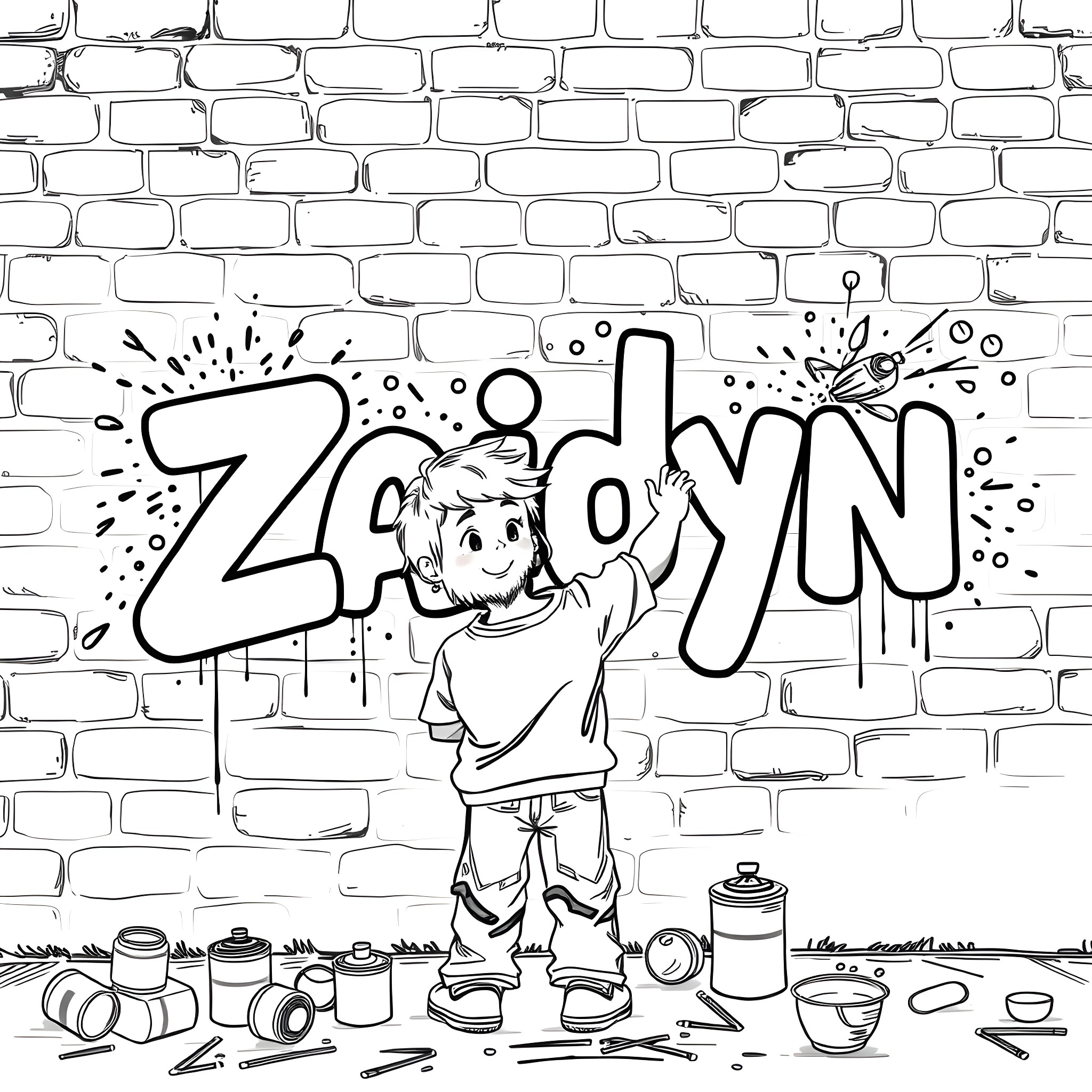 Boy Spraying Graffiti on Brick Wall Coloring Page (free black-and-white line drawing printable PDF for all, from beginners to advanced learners, including children, teens, adults, and seniors)
