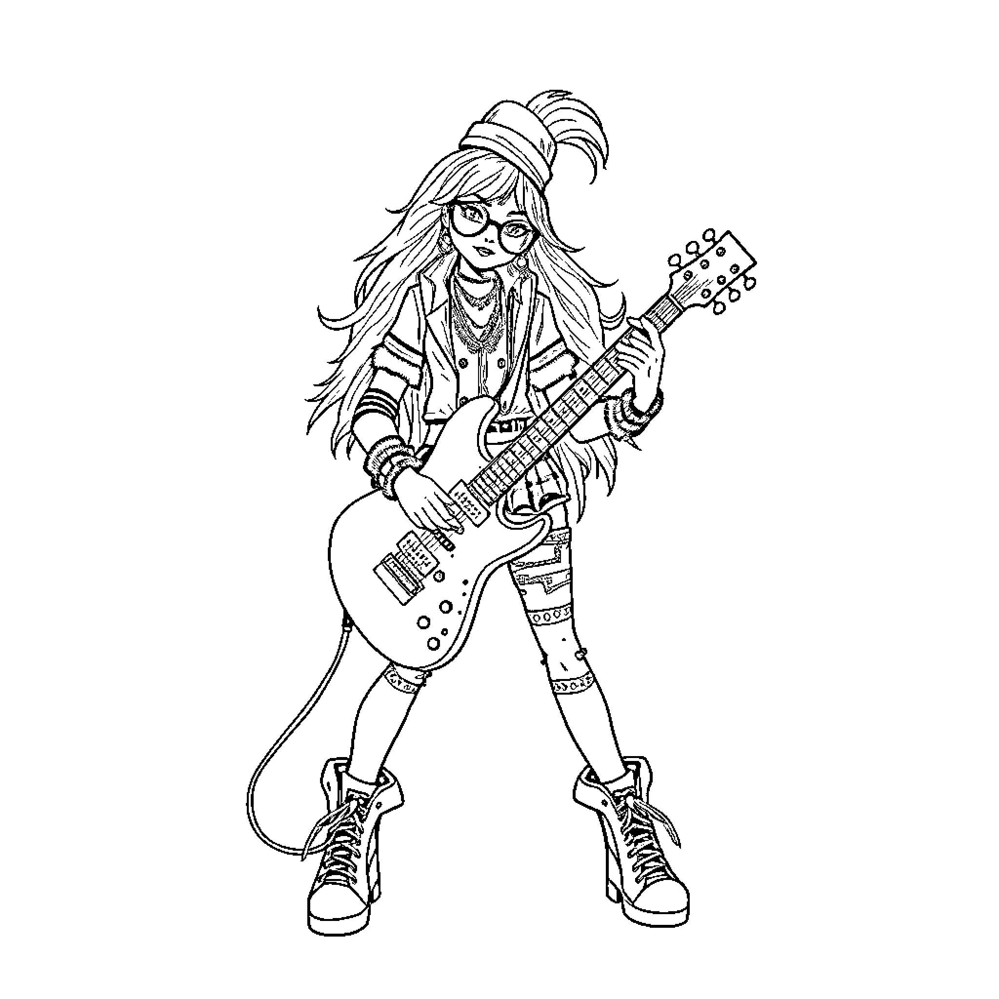 Rockera playing electric guitar with expressive style Coloring Page (free black-and-white line drawing printable PDF for all, from beginners to advanced learners, including children, teens, adults, and seniors)