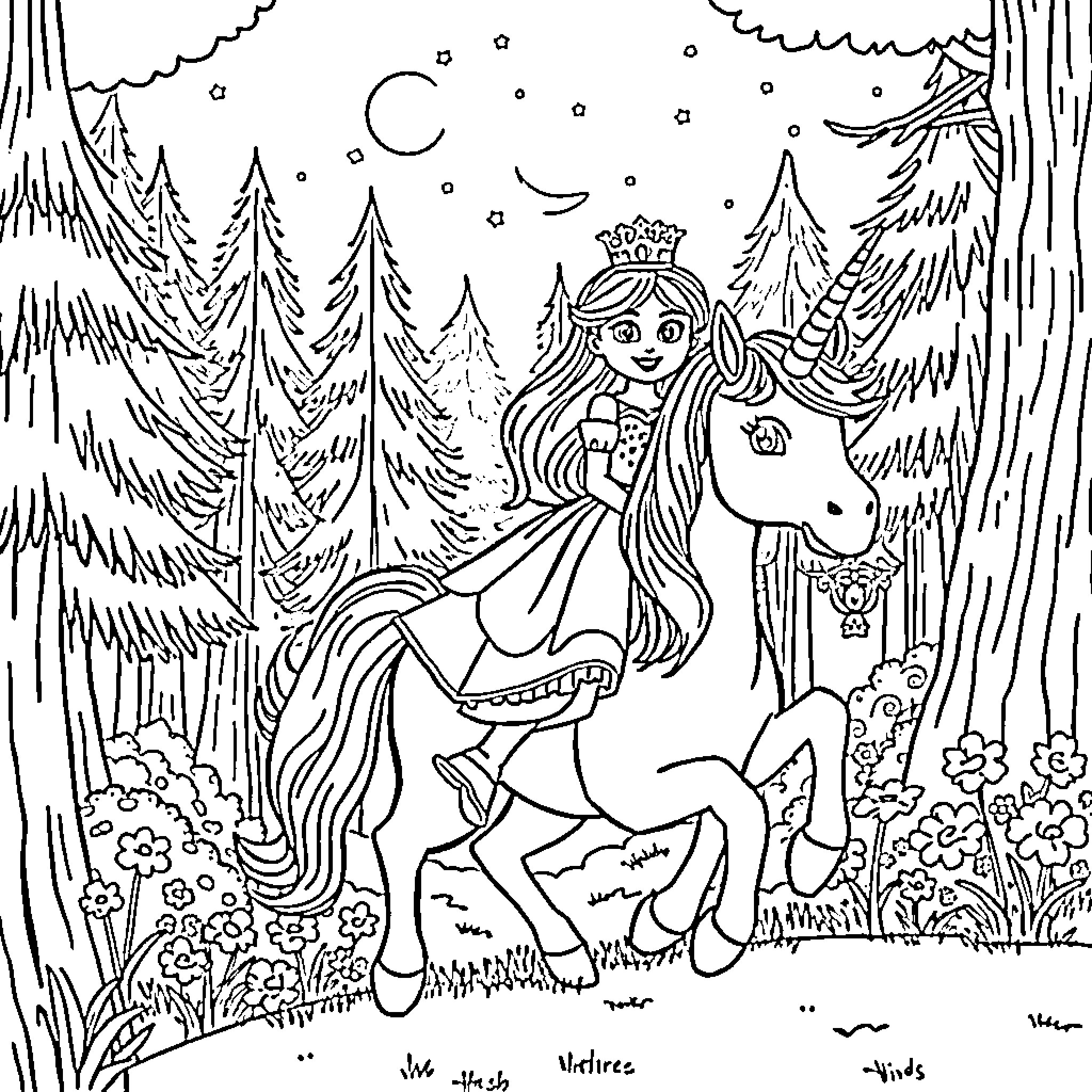 Princess riding unicorn through enchanted forest Coloring Page (free black-and-white line drawing printable PDF for all, from beginners to advanced learners, including children, teens, adults, and seniors)