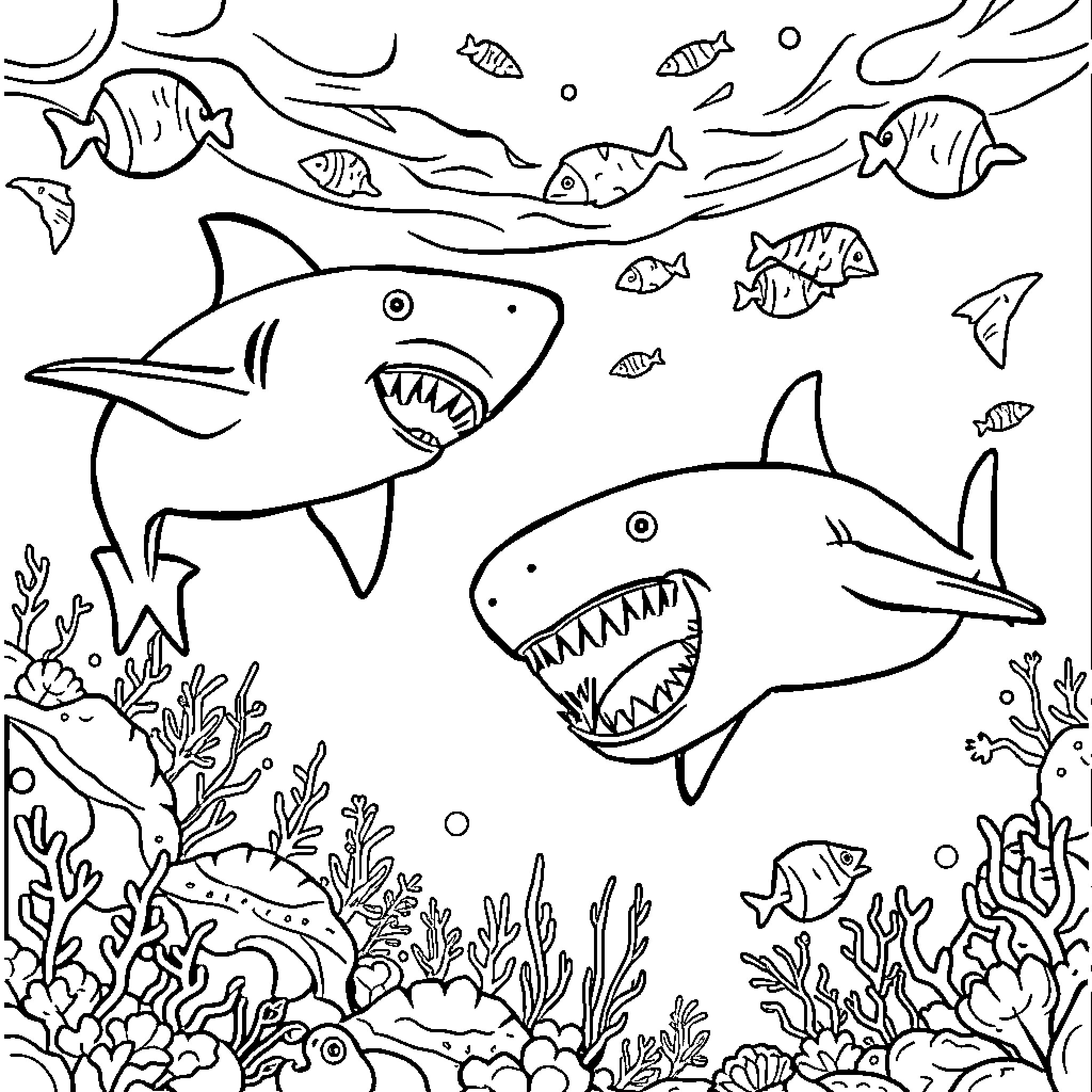 Shark underwater scene with marine life Coloring Page (free black-and-white line drawing printable PDF for all, from beginners to advanced learners, including children, teens, adults, and seniors)