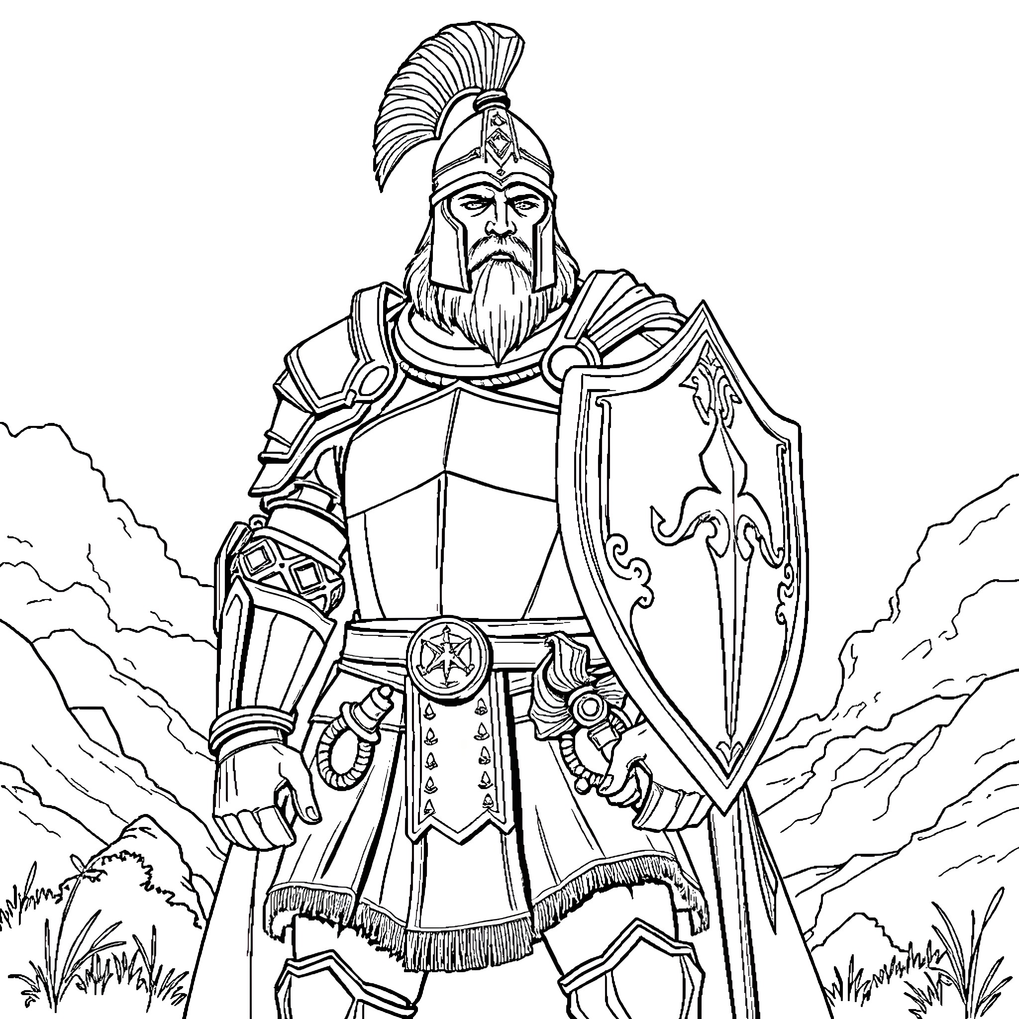 Warrior Standing Tall in Armored Attire Coloring Page (free black-and-white line drawing printable PDF for all, from beginners to advanced learners, including children, teens, adults, and seniors)