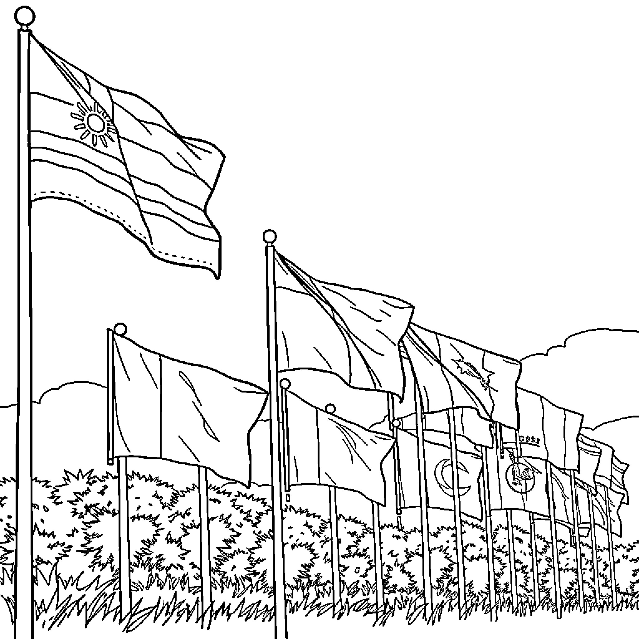 Flag march on grassy field Coloring Page (free black-and-white line drawing printable PDF for all, from beginners to advanced learners, including children, teens, adults, and seniors)