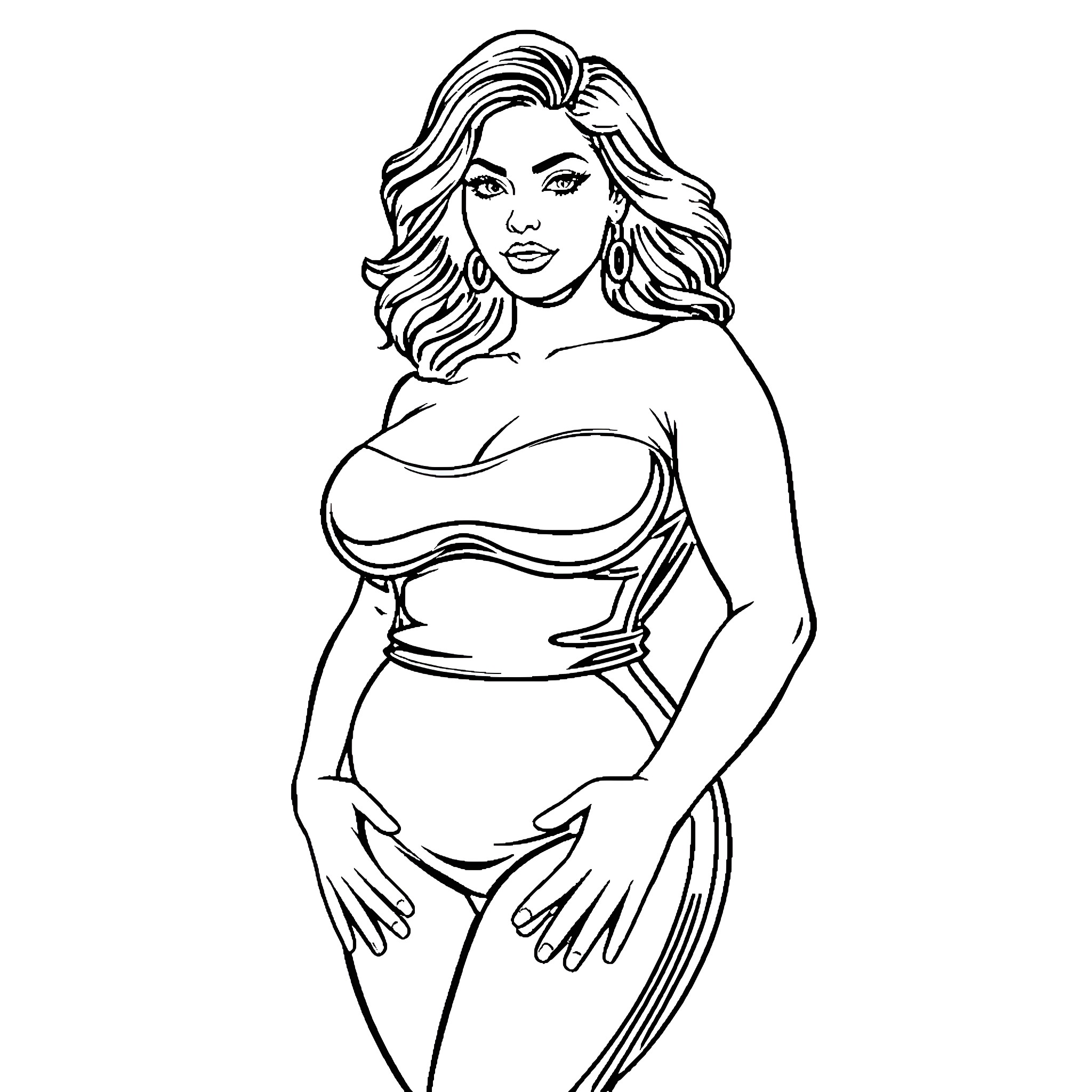 Babe in stylish outfit posing confidently Coloring Page (free black-and-white line drawing printable PDF for all, from beginners to advanced learners, including children, teens, adults, and seniors)