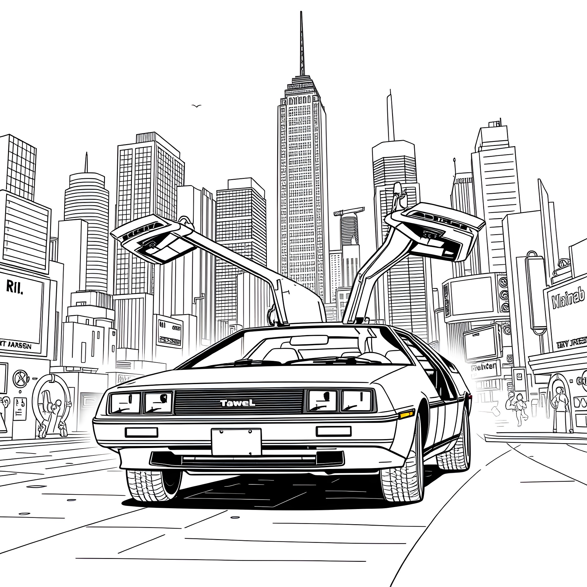 DeLorean time machine in futuristic city Coloring Page (free black-and-white line drawing printable PDF for all, from beginners to advanced learners, including children, teens, adults, and seniors)
