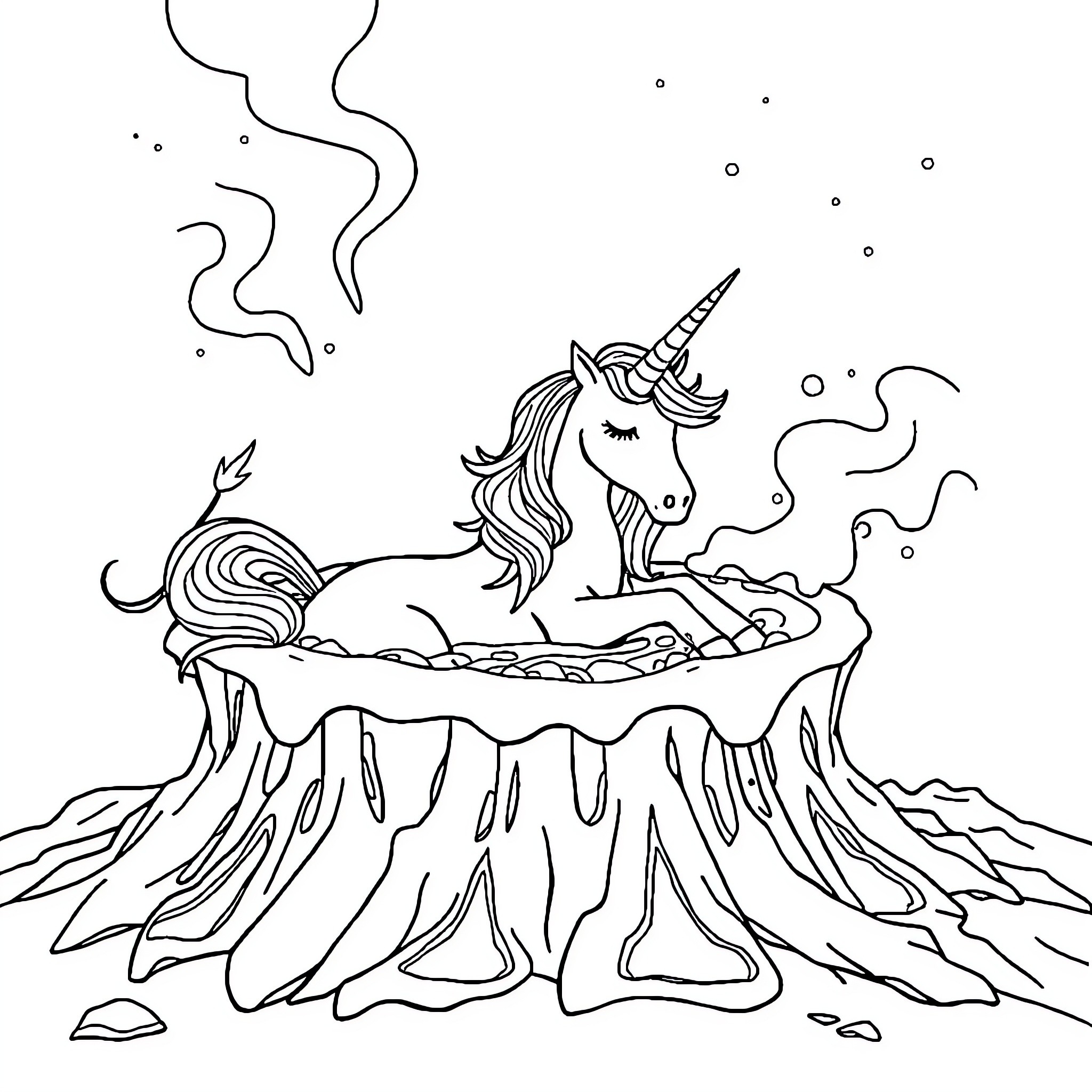 Unicorn sleeping on a magical island Coloring Page (free black-and-white line drawing printable PDF for all, from beginners to advanced learners, including children, teens, adults, and seniors)