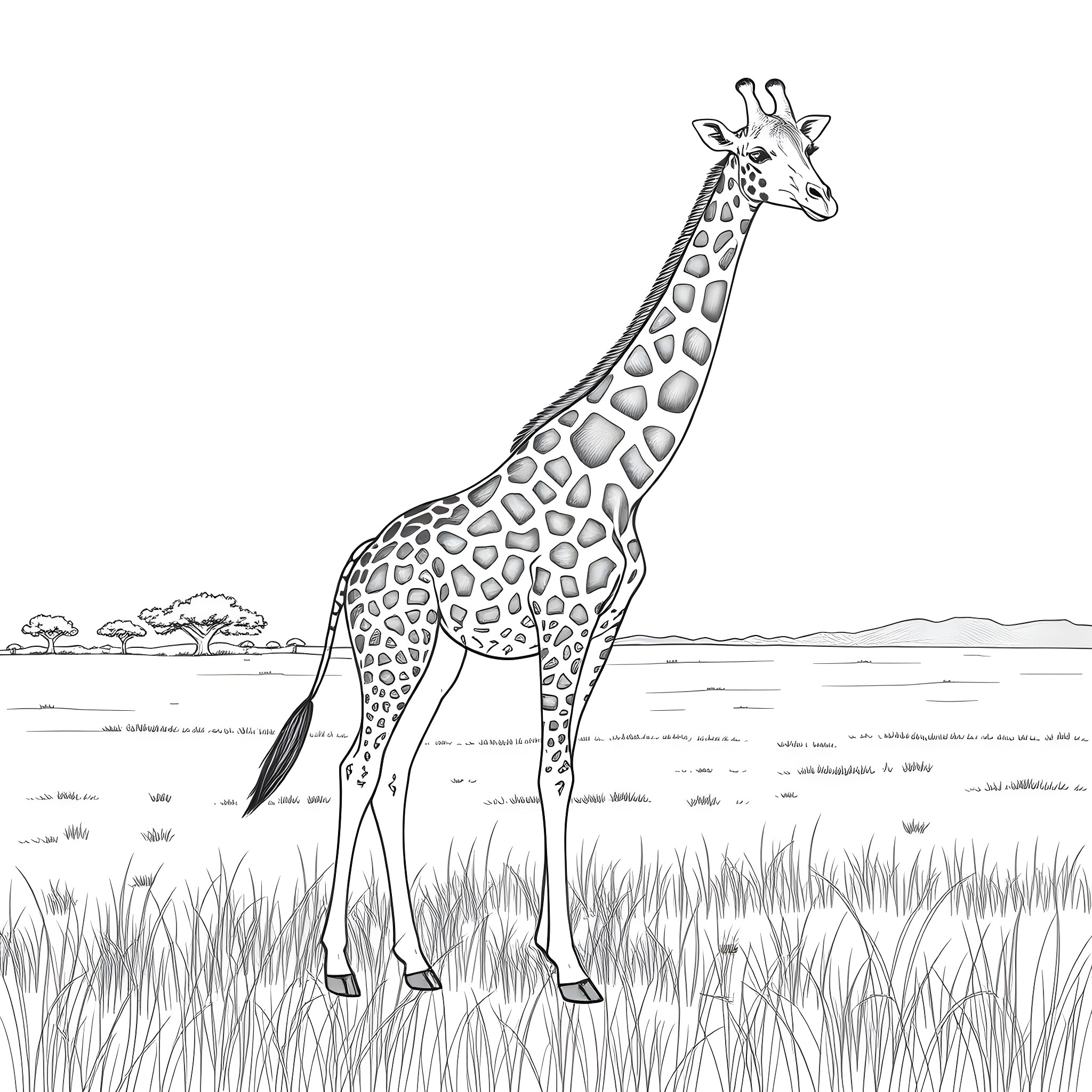 Giraffe standing tall in the African savanna Coloring Page (free black-and-white line drawing printable PDF for all, from beginners to advanced learners, including children, teens, adults, and seniors)