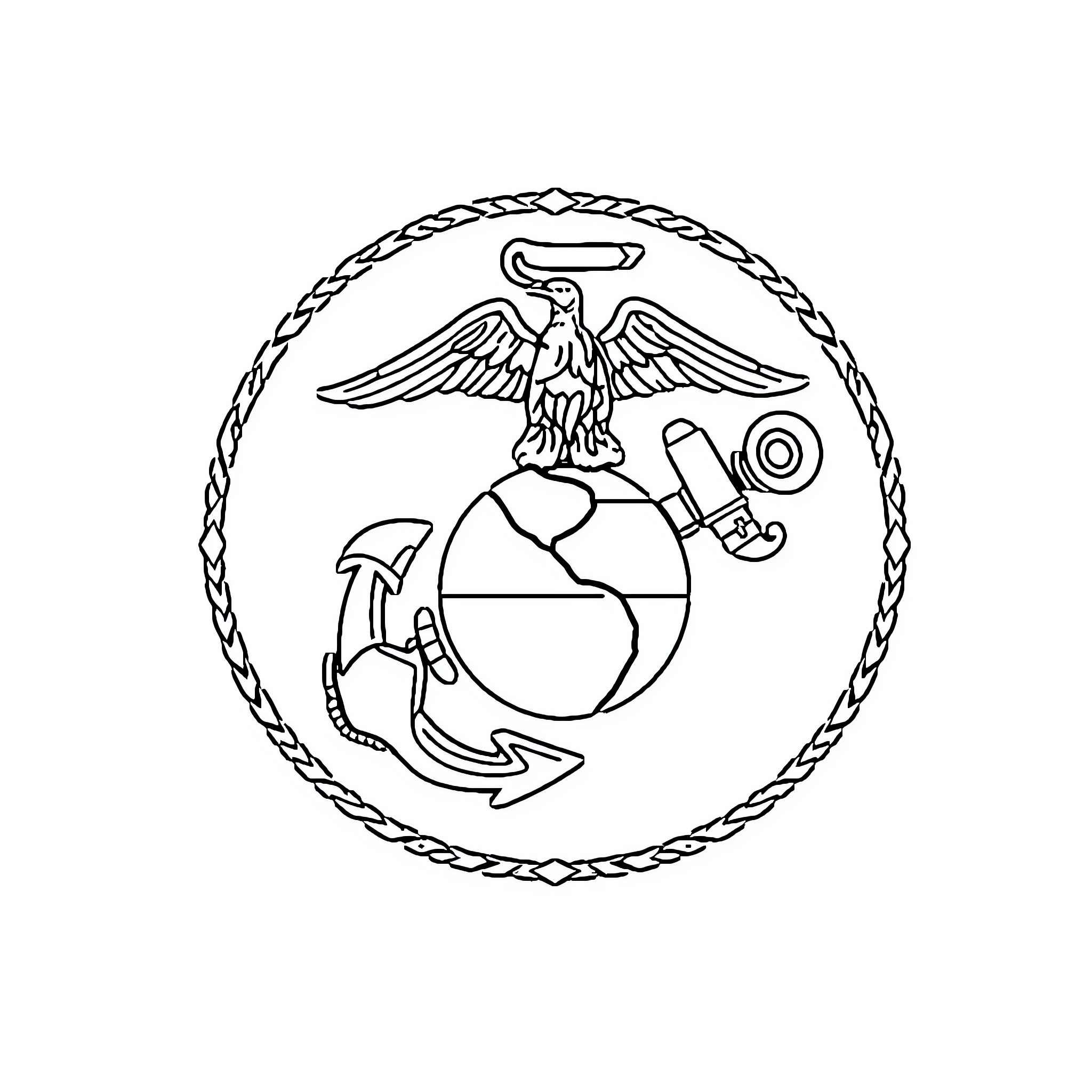 USMC Emblem with Eagle, Globe, and Anchor Coloring Page (free black-and-white line drawing printable PDF for all, from beginners to advanced learners, including children, teens, adults, and seniors)