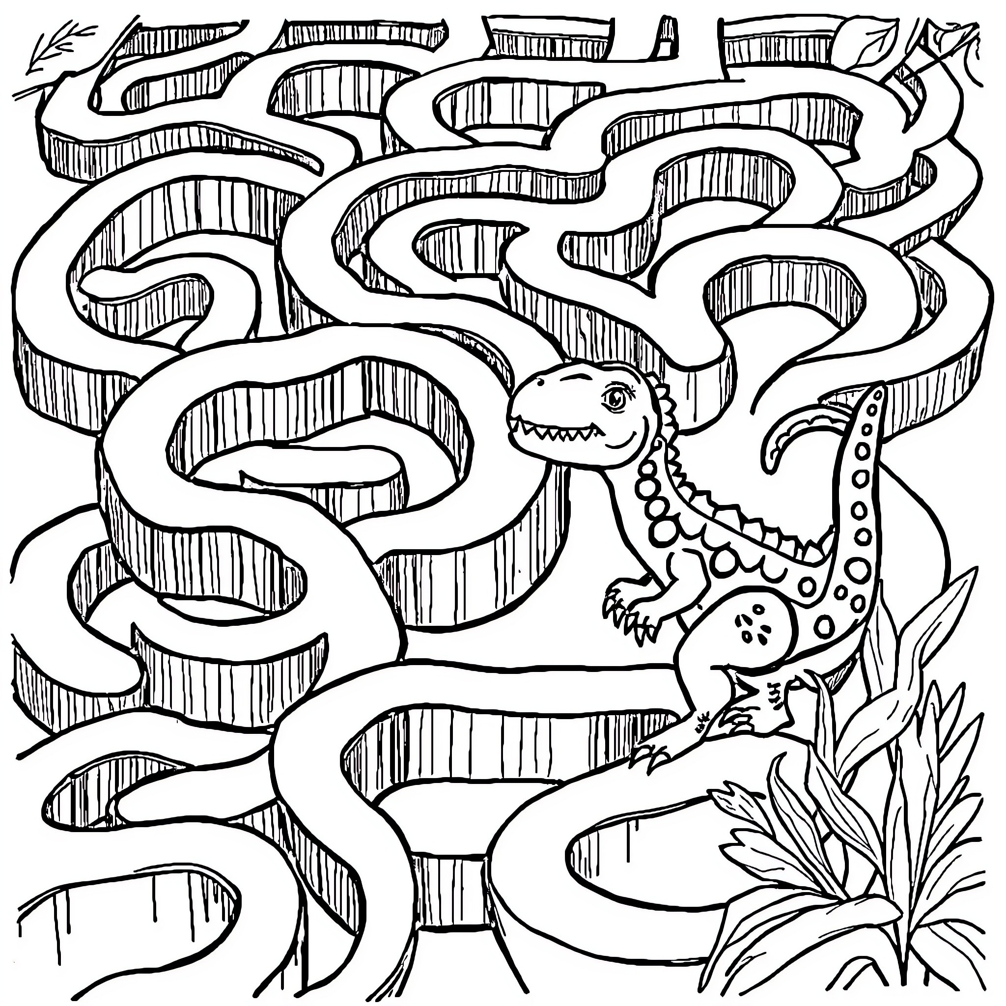 Dinosaur roaming through an abstract maze Coloring Page (free black-and-white line drawing printable PDF for all, from beginners to advanced learners, including children, teens, adults, and seniors)