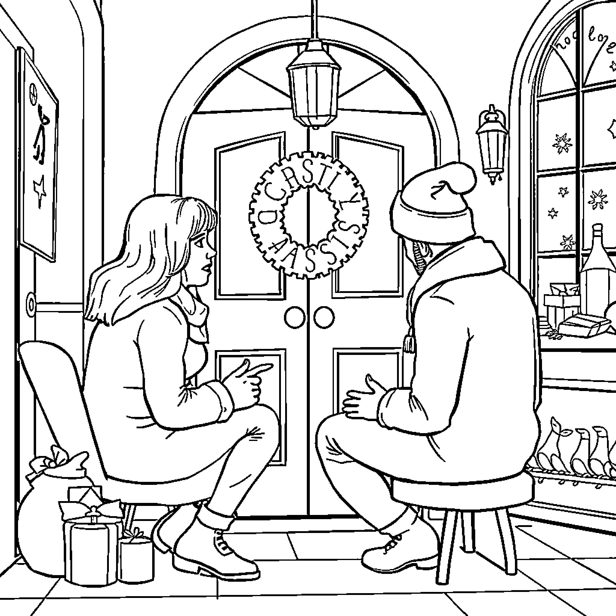 Chat by the holiday-decorated window Coloring Page (free black-and-white line drawing printable PDF for all, from beginners to advanced learners, including children, teens, adults, and seniors)