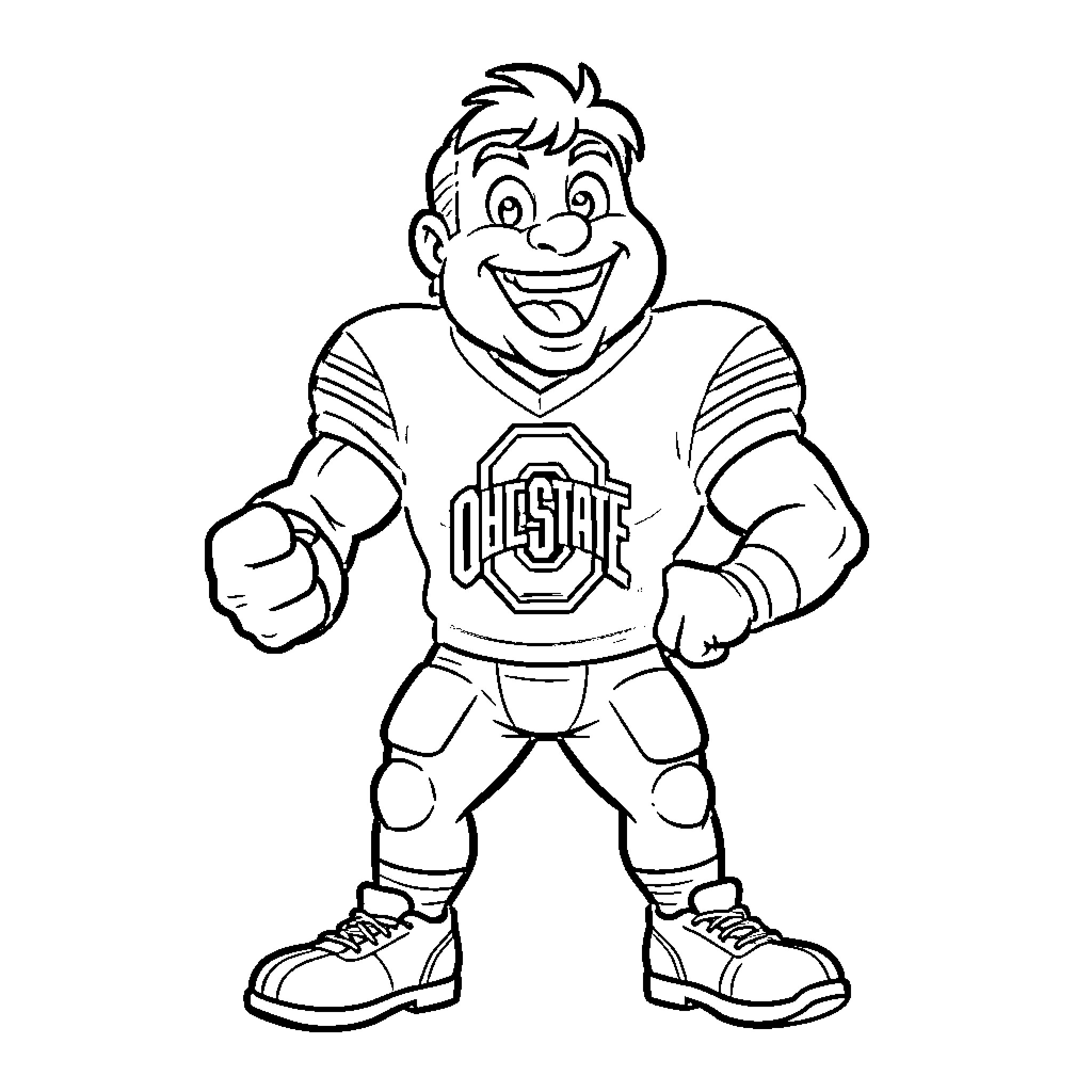 Brutus the Buckeye Cheers Enthusiastically Coloring Page (free black-and-white line drawing printable PDF for all, from beginners to advanced learners, including children, teens, adults, and seniors)