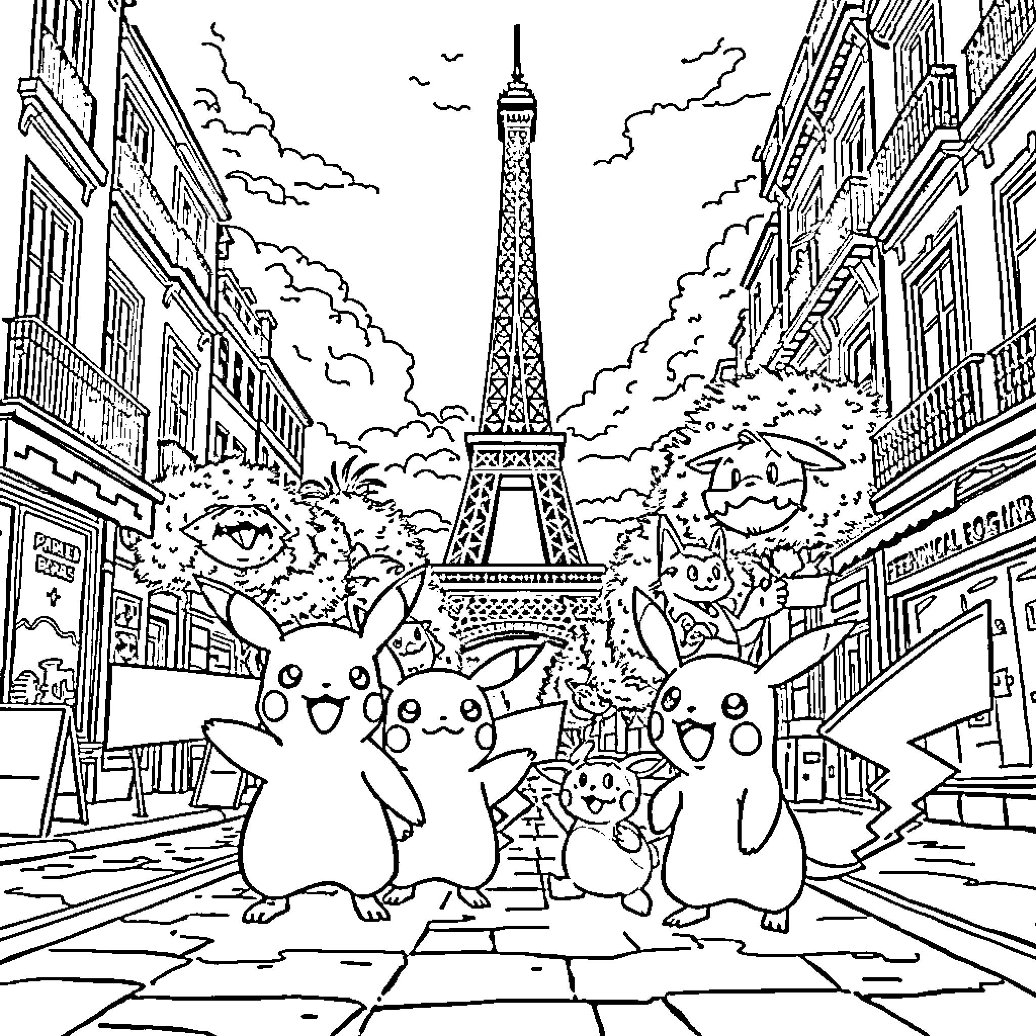 Pokémon exploring the iconic Eiffel Tower in Paris Coloring Page (free black-and-white line drawing printable PDF for all, from beginners to advanced learners, including children, teens, adults, and seniors)