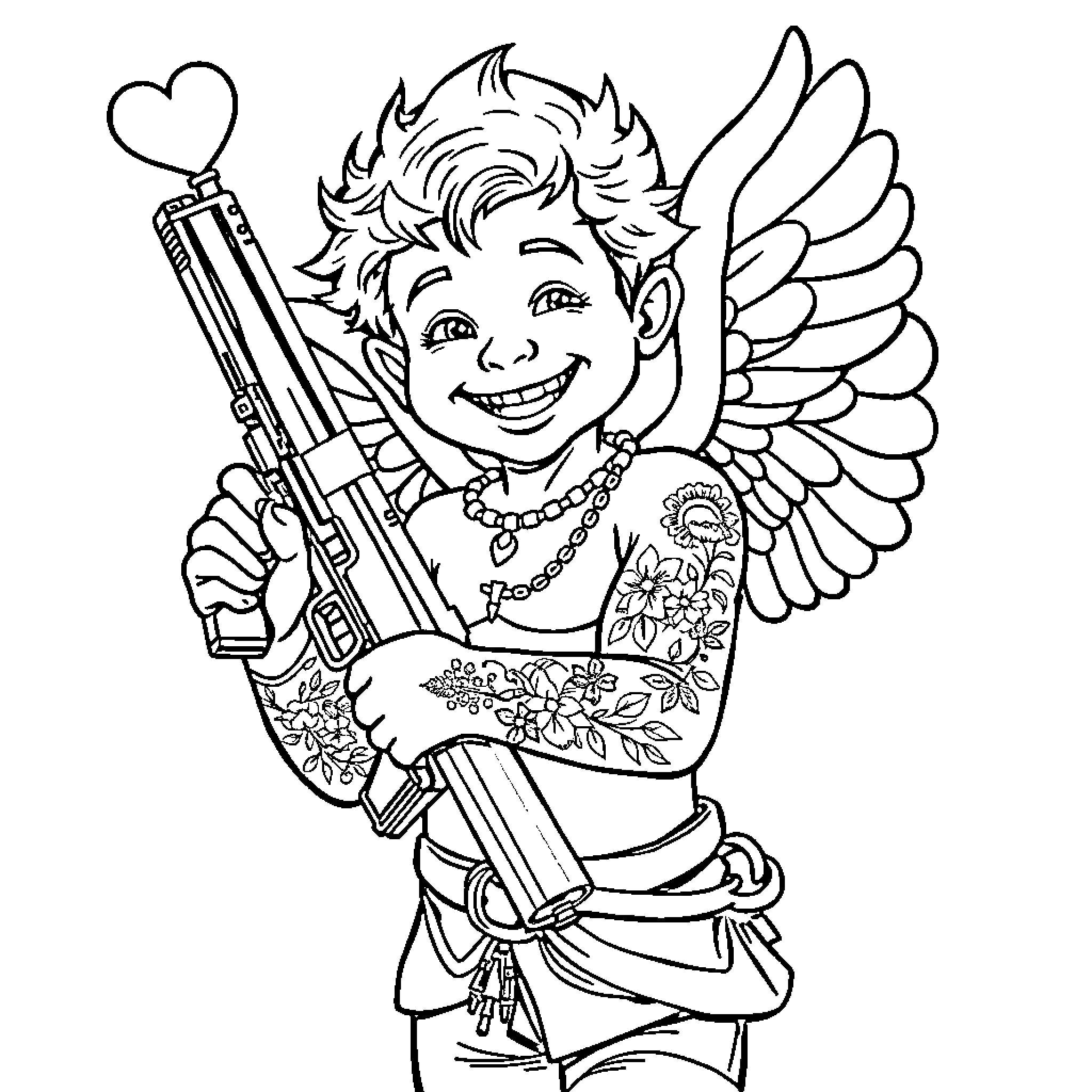 Cupid with Tattoos Carrying Crossbow Coloring Page (free black-and-white line drawing printable PDF for all, from beginners to advanced learners, including children, teens, adults, and seniors)