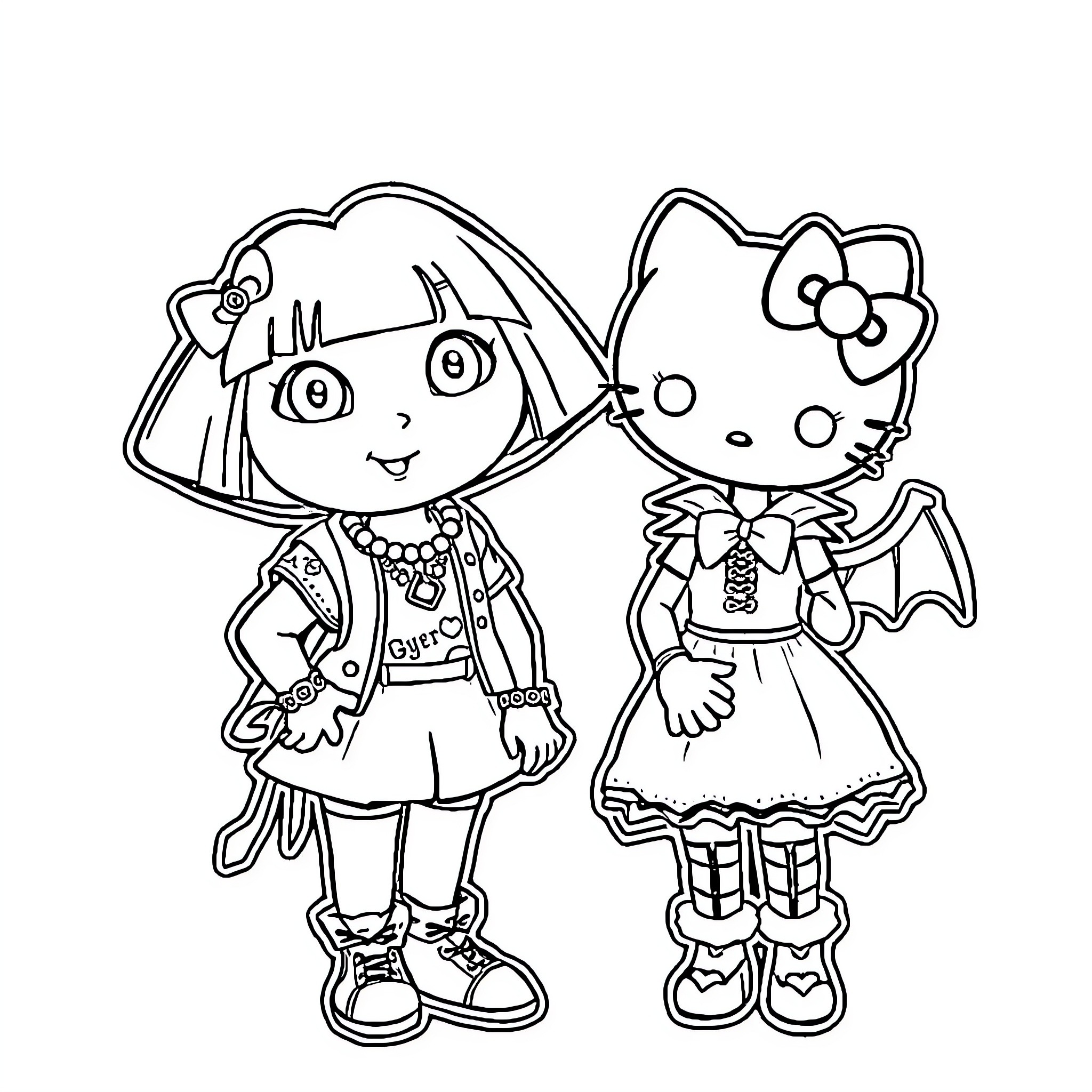 Dora and Hello Kitty in Costume Coloring Page (free black-and-white line drawing printable PDF for all, from beginners to advanced learners, including children, teens, adults, and seniors)