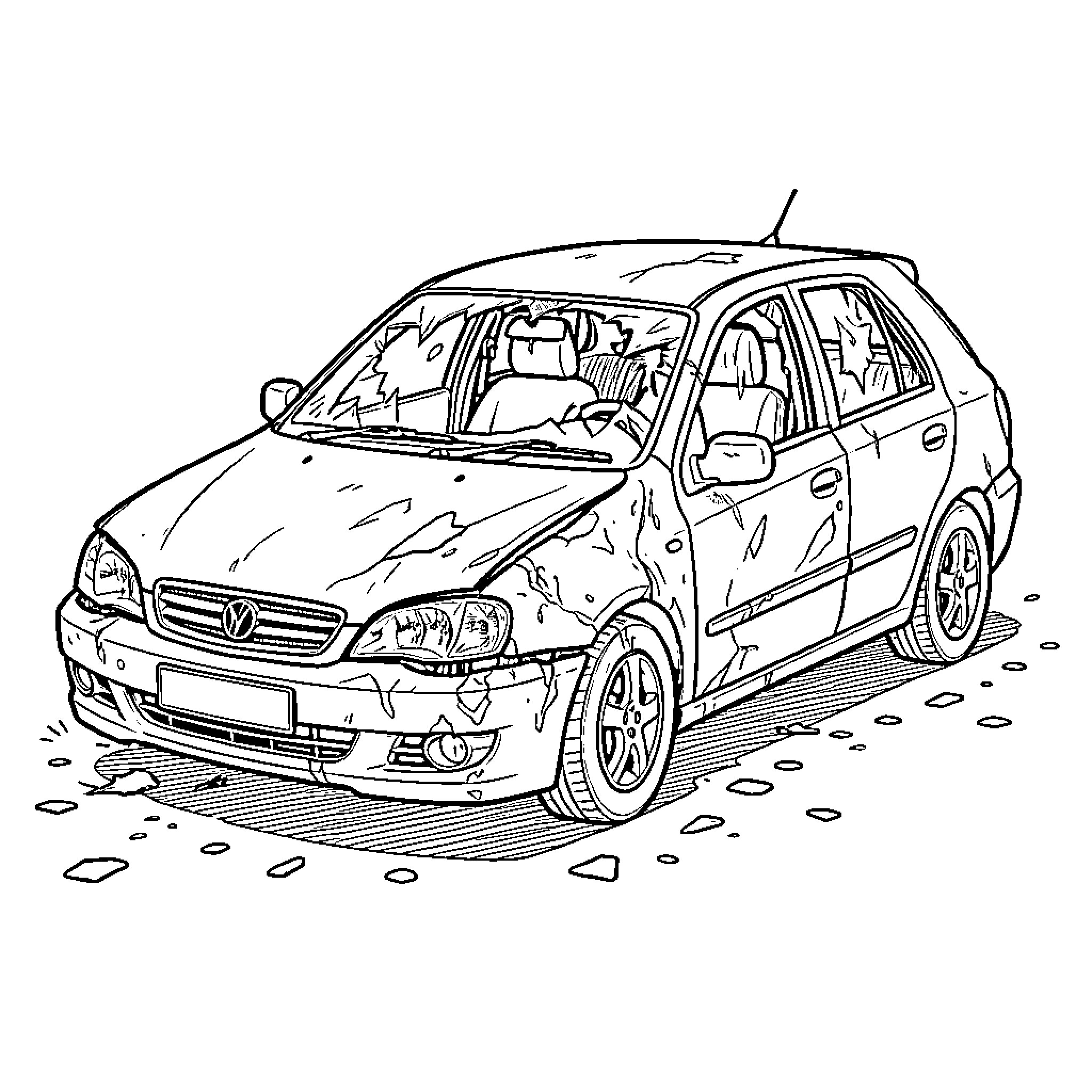 Car with damaged body and broken windows Coloring Page (free black-and-white line drawing printable PDF for all, from beginners to advanced learners, including children, teens, adults, and seniors)