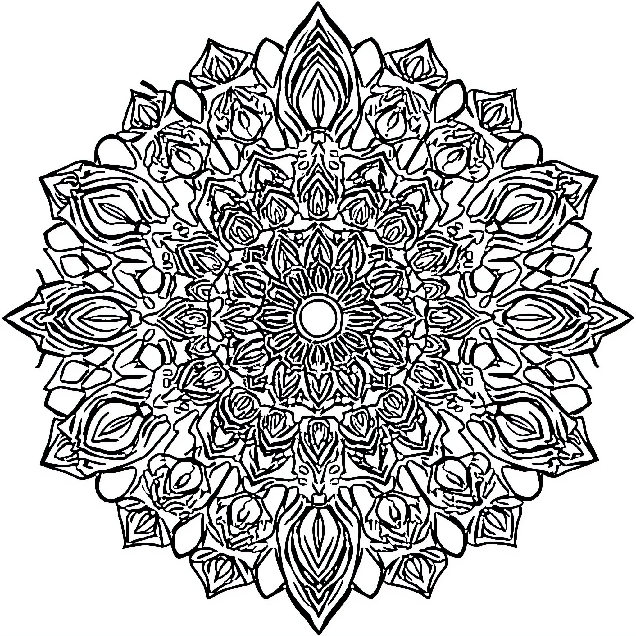 Mandala of intricate floral patterns and symmetry Coloring Page (free black-and-white line drawing printable PDF for all, from beginners to advanced learners, including children, teens, adults, and seniors)