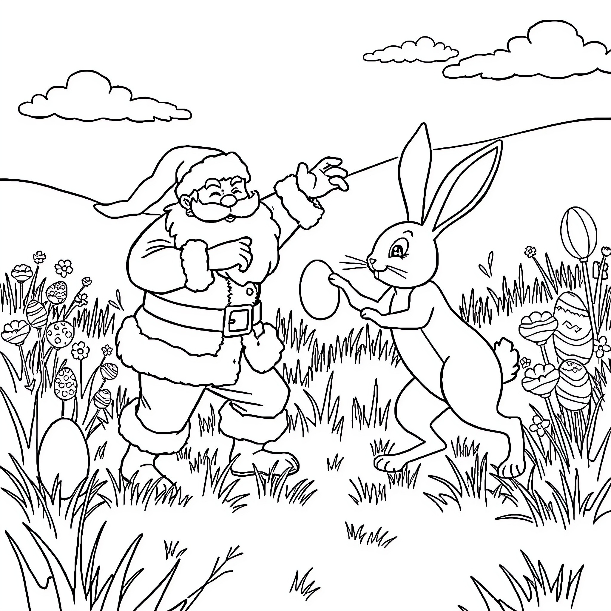 Santa interacting playfully with a rabbit in a natural setting Coloring Page (free black-and-white line drawing printable PDF for all, from beginners to advanced learners, including children, teens, adults, and seniors)