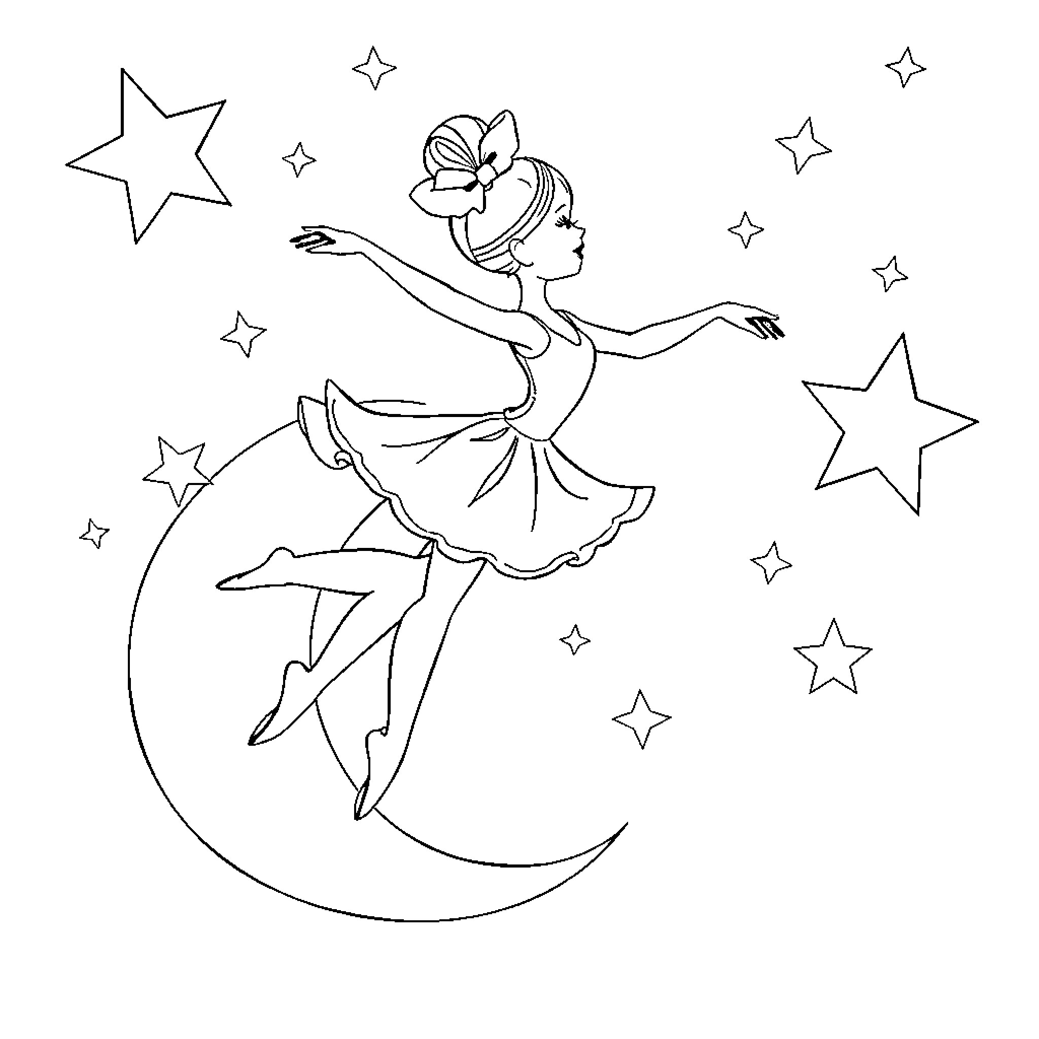 Ballerina dancing gracefully among the stars Coloring Page (free black-and-white line drawing printable PDF for all, from beginners to advanced learners, including children, teens, adults, and seniors)