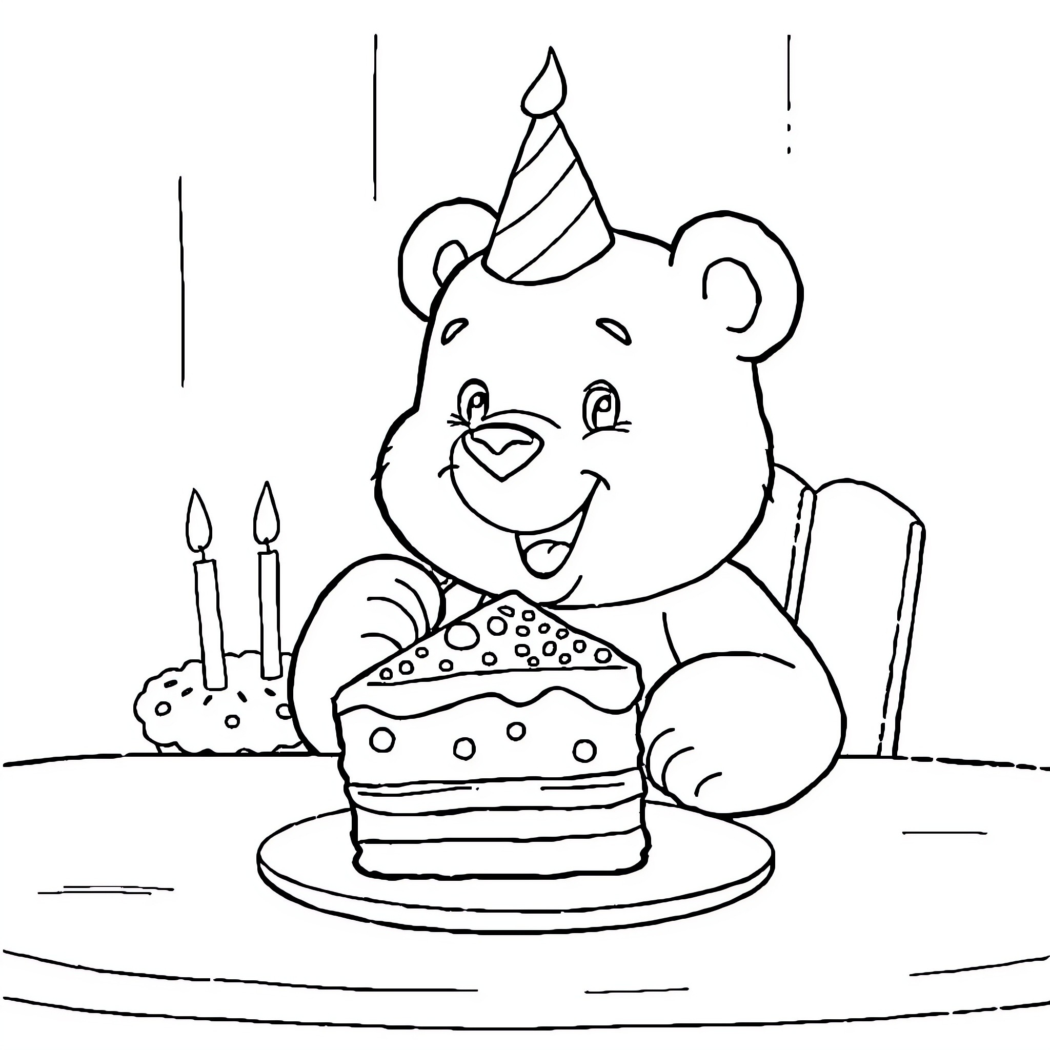 Bear enjoying birthday cake with candles Coloring Page (free black-and-white line drawing printable PDF for all, from beginners to advanced learners, including children, teens, adults, and seniors)