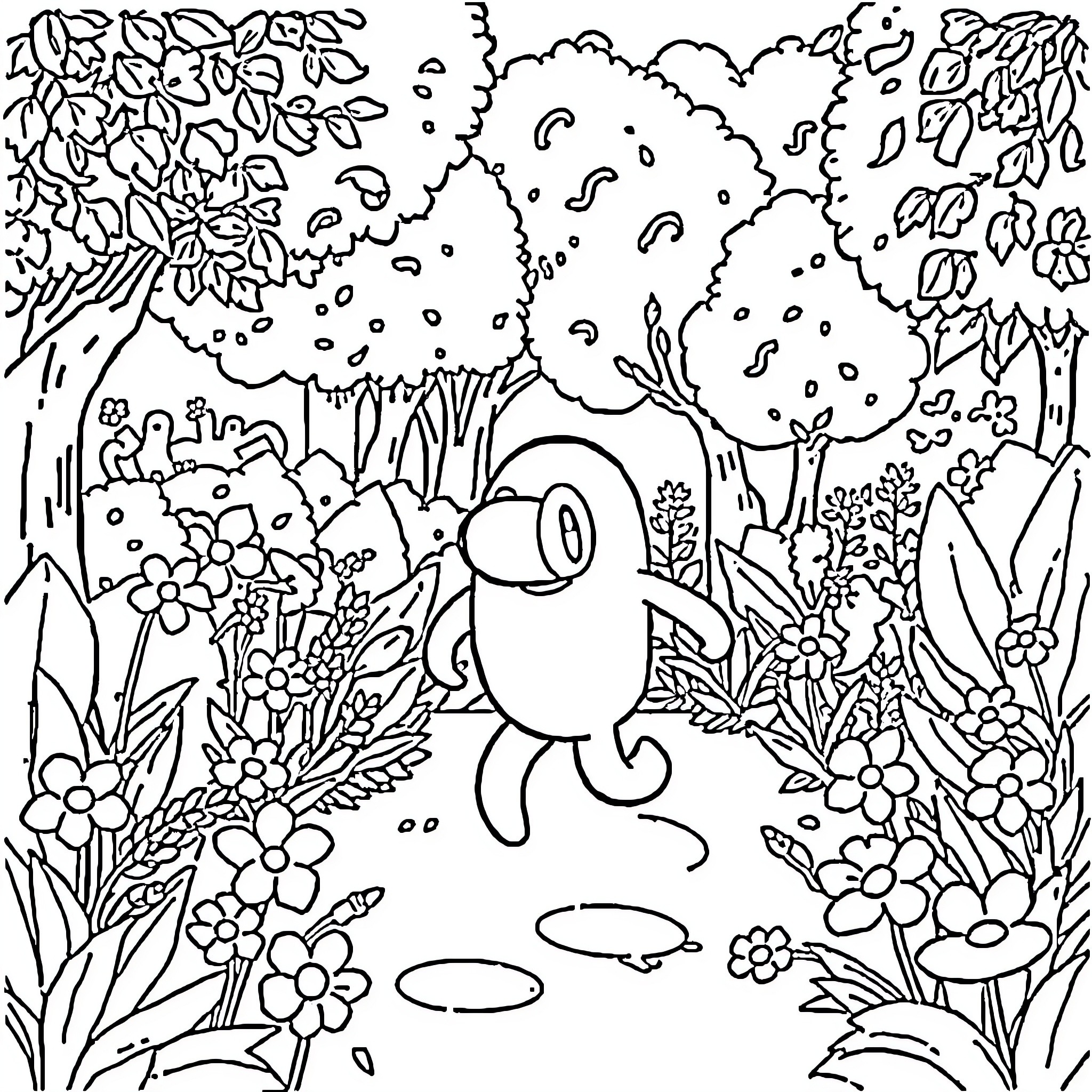 Among Us Character in Colorful Garden Scene Coloring Page (free black-and-white line drawing printable PDF for all, from beginners to advanced learners, including children, teens, adults, and seniors)