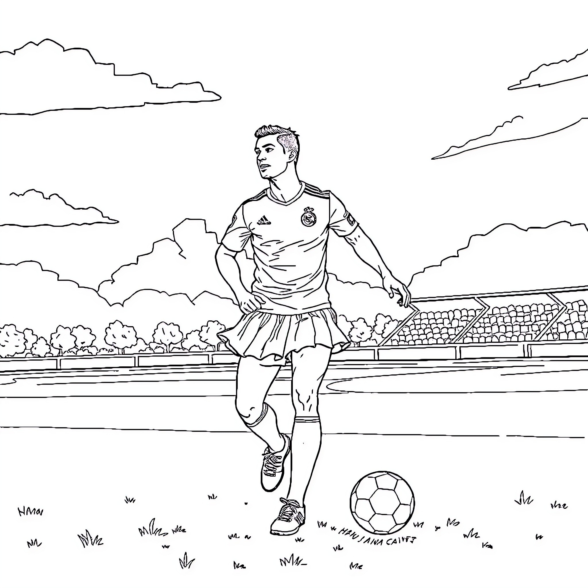 Cristiano Ronaldo playing soccer on the field Coloring Page (free black-and-white line drawing printable PDF for all, from beginners to advanced learners, including children, teens, adults, and seniors)
